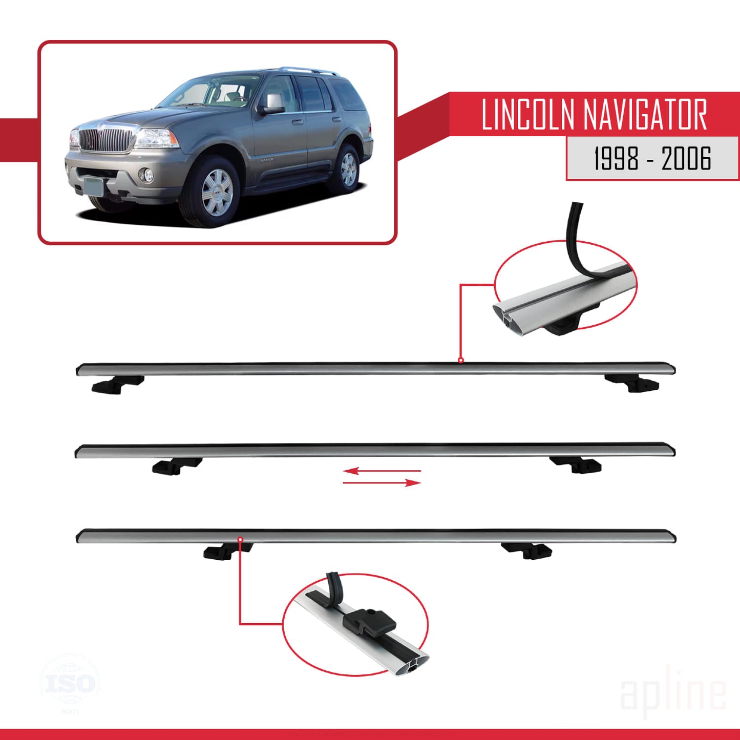 Compatible avec Lincoln Navigator 1998-2006 BASIC Model Barres de Toit Railing Porte-Bagages de Voiture Gris Aluminium 3 Barres