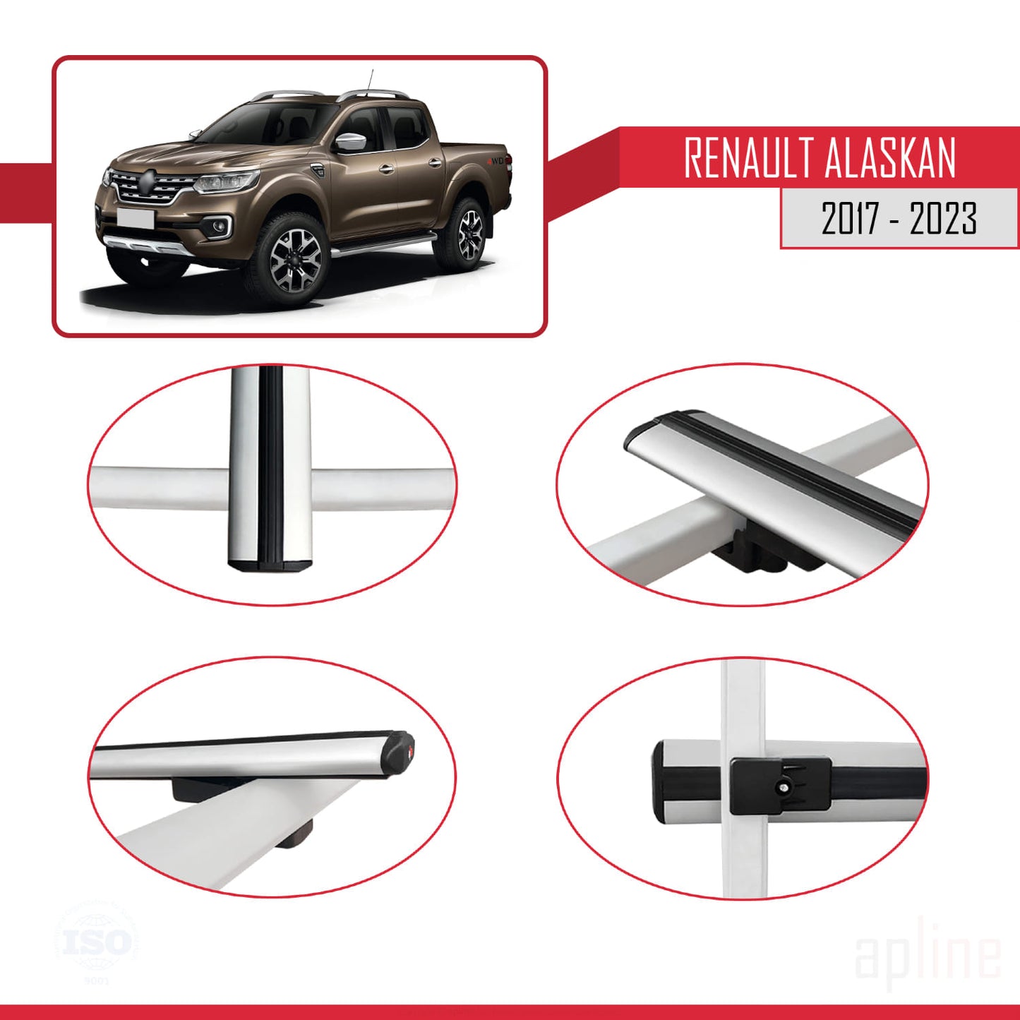 Compatible with Renault Alaskan 2017-2023 BASIC Model Car Roof Rack Cross Bar Grey Aluminium 3 Bars