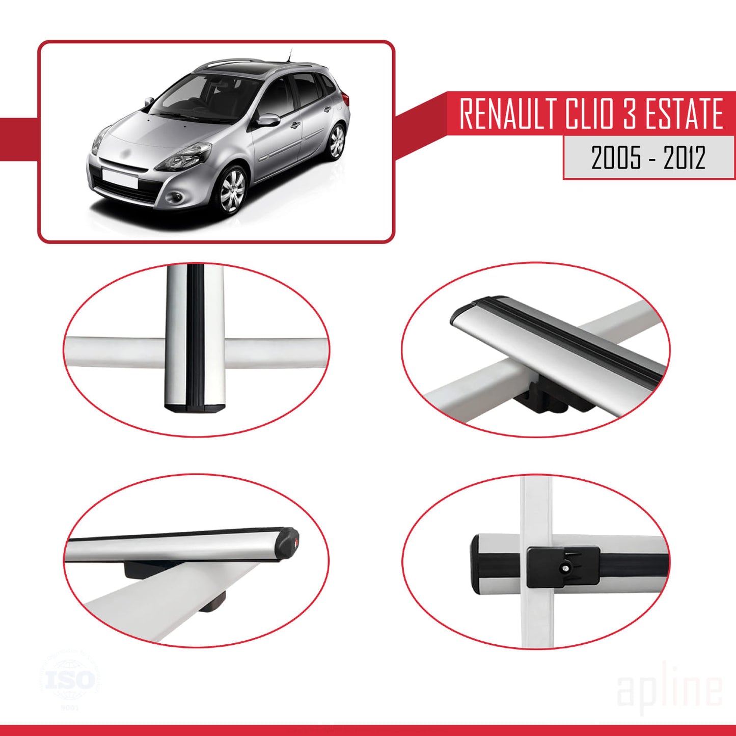 Compatible avec Renault Clio 3 Estate 2005-2012 BASIC Model Barres de Toit Railing Porte-Bagages de Voiture Gris Aluminium 2 Barres