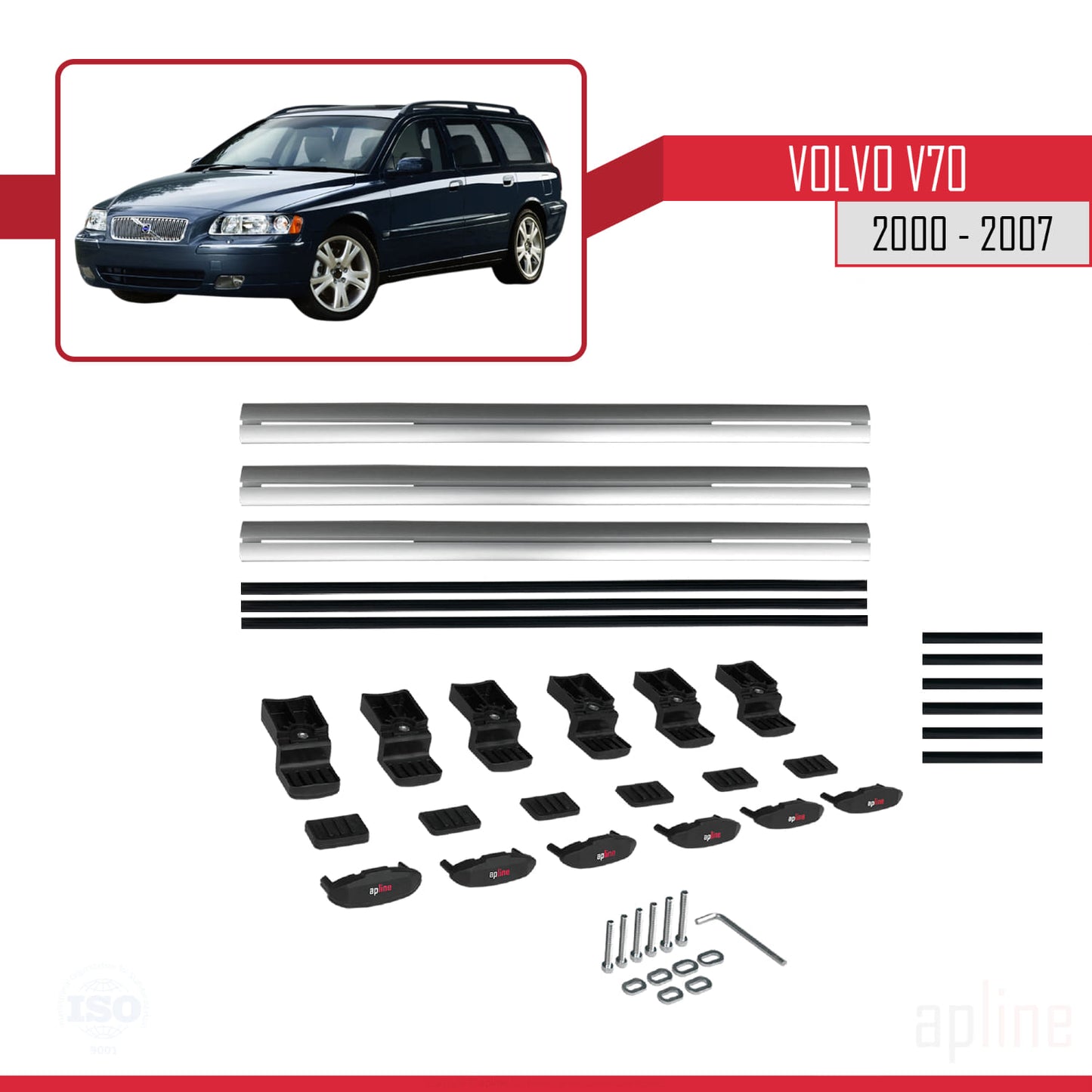 Compatible avec Volvo V70 2000-2007 BASIC Model Barres de Toit Railing Porte-Bagages de Voiture Gris Aluminium 3 Barres