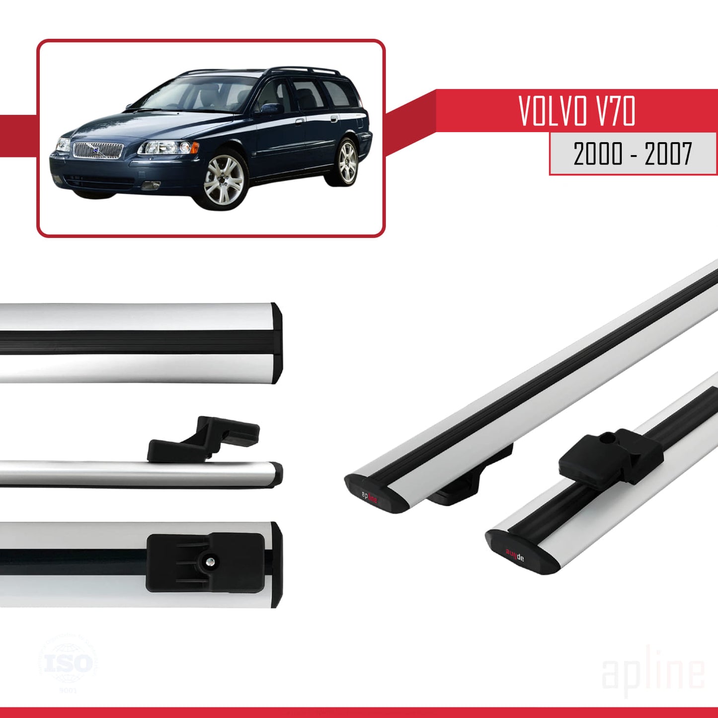 Compatible avec Volvo V70 2000-2007 BASIC Model Barres de Toit Railing Porte-Bagages de Voiture Gris Aluminium 2 Barres