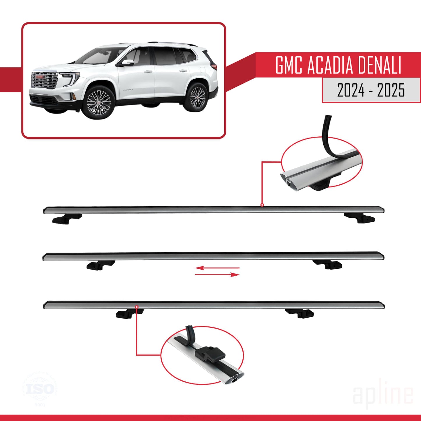 Compatible avec GMC Acadia Denali 2024-2025 BASIC Model Barres de Toit Railing Porte-Bagages de Voiture Gris Aluminium 3 Barres