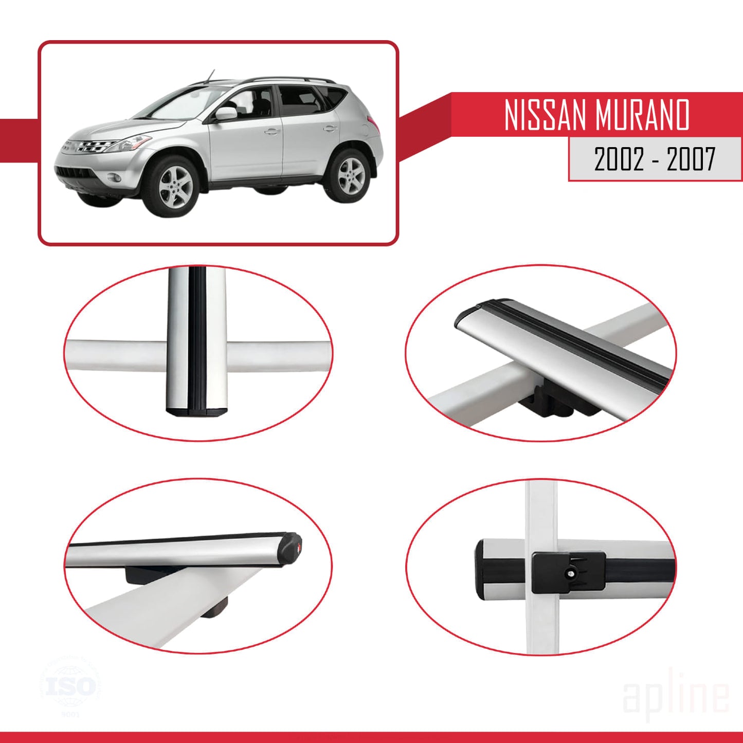 Compatible with Nissan Murano 2002-2007 BASIC Model Car Roof Rack Cross Bar Grey Aluminium 3 Bars