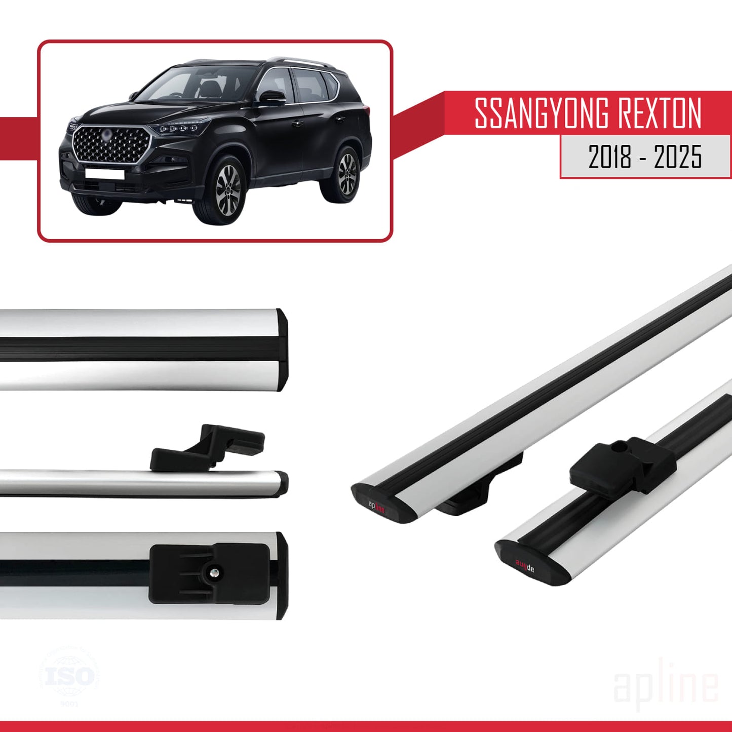 Compatible avec SsangYong Rexton 2018-2025 BASIC Model Barres de Toit Railing Porte-Bagages de Voiture Gris Aluminium 2 Barres