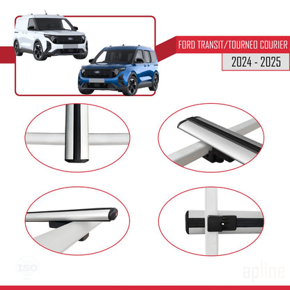 Compatible avec Ford Transit/Tourneo Courier 2024-2025 BASIC Model Barres de Toit Railing Porte-Bagages de Voiture Gris Aluminium 4 Barres