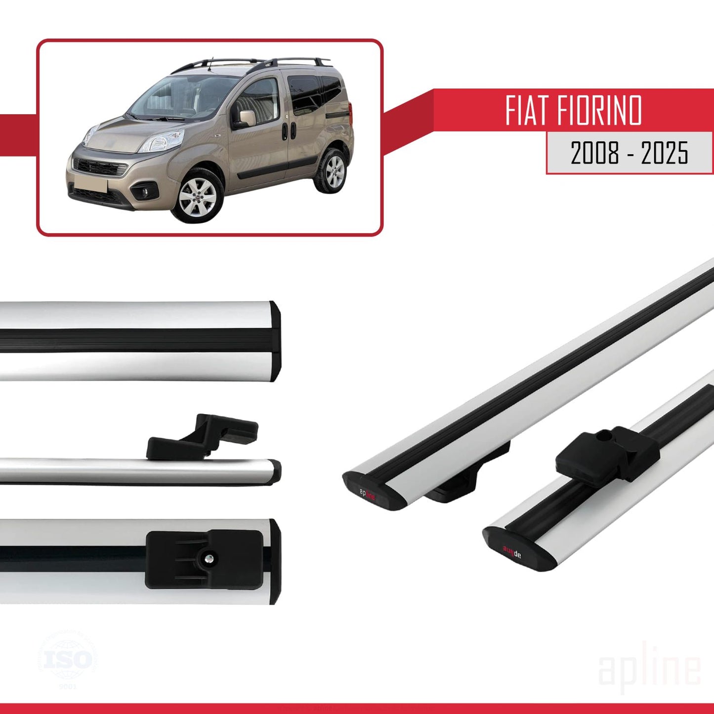 Compatible avec Fiat Fiorino (Modèle Tubulaire) 2008-2025 BASIC Model Barres de Toit Railing Porte-Bagages de Voiture Gris Aluminium 2 Barres
