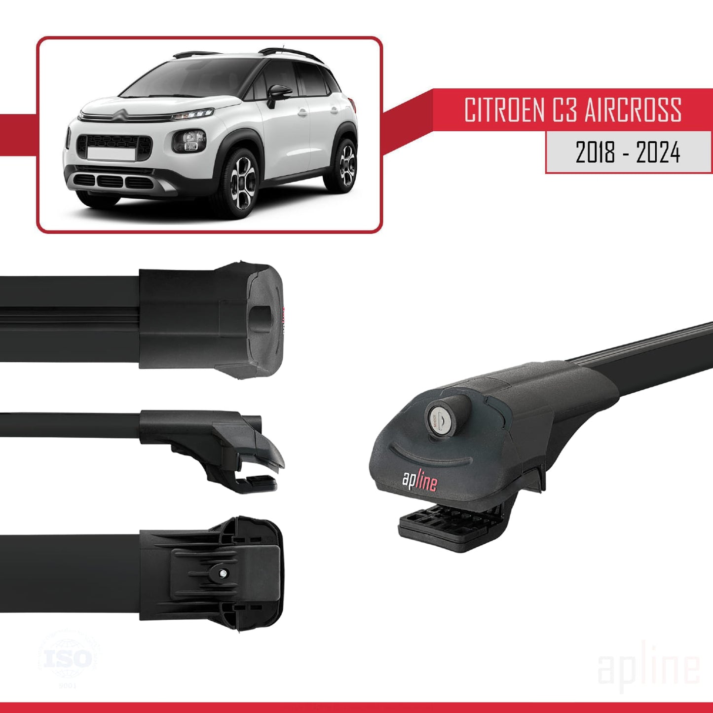 Compatible avec Citroen C3 Aircross (A88) 2018-2024 ACE-1 Barres de Toit Railing Porte-Bagages de Voiture Noir Aluminium 3 Barres