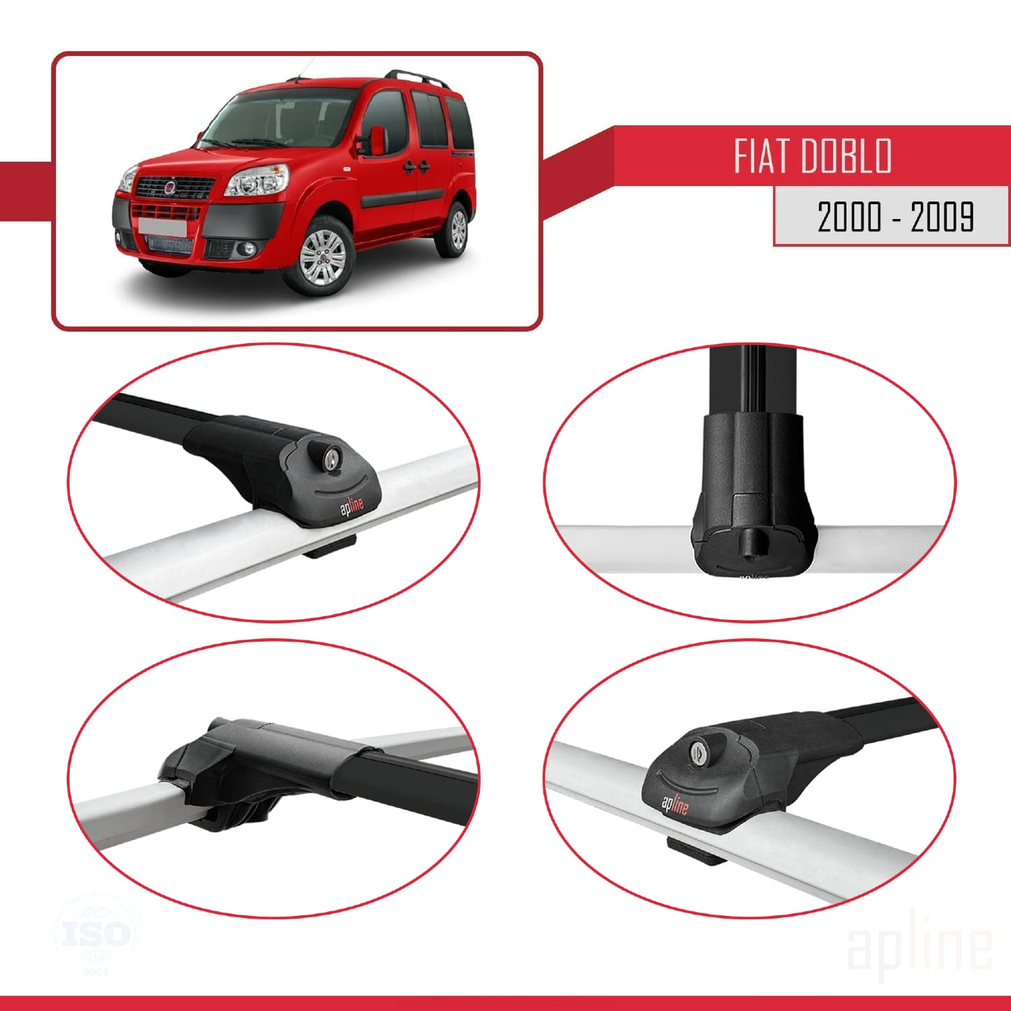 Compatibile con Fiat Doblo 2000-2009 ACE-1 Barre Portatutto Portapacchi Auto Alluminio Nero 4 Barre
