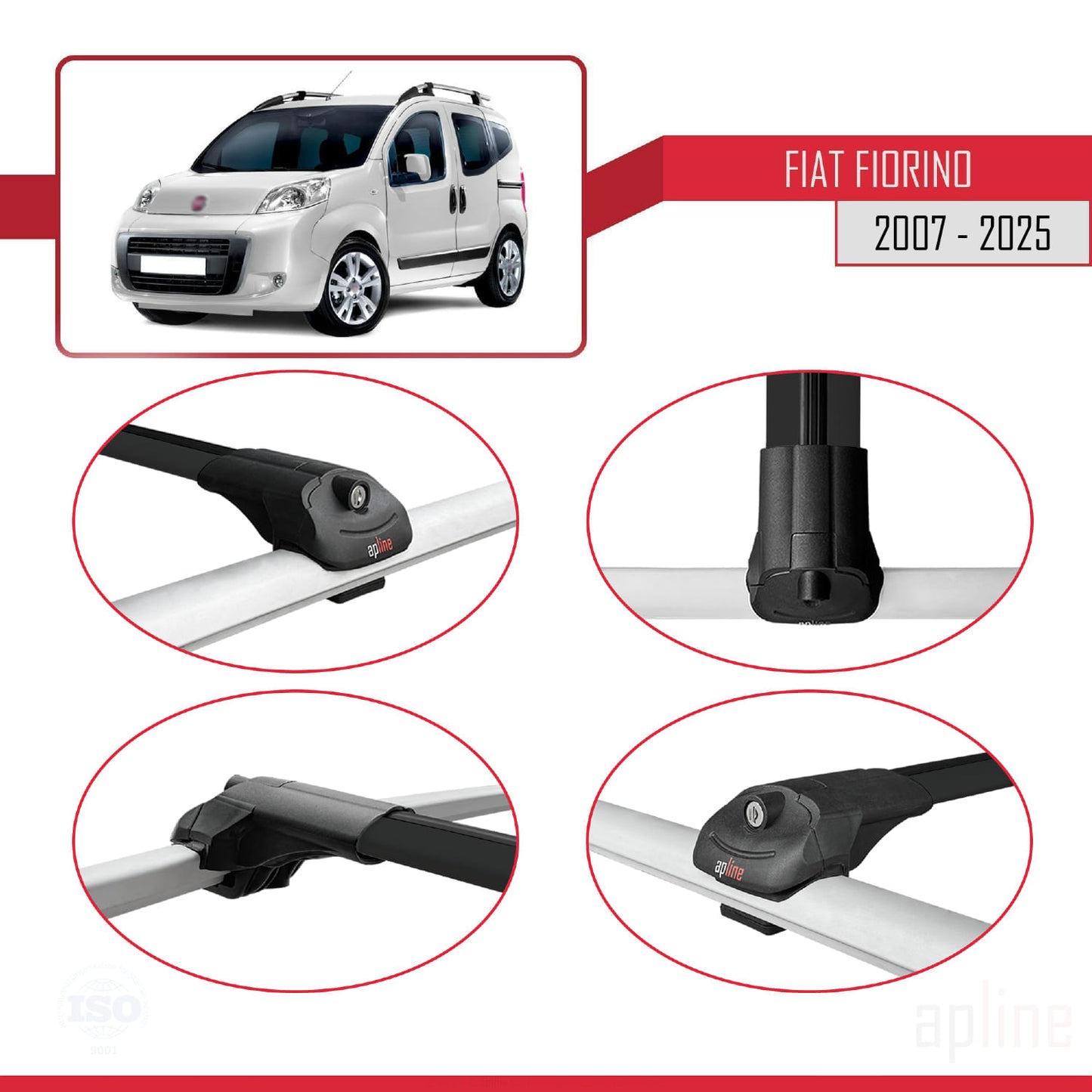 Compatibile con Fiat Fiorino 3 2008-2025 ACE-1 Barre Portatutto Portapacchi Auto Alluminio Nero 4 Barre