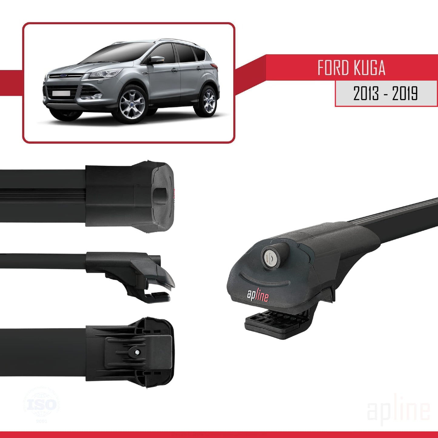 Compatible avec Ford Kuga 2 (C520) 2013-2019 ACE-1 Barres de Toit Railing Porte-Bagages de Voiture Noir Aluminium 2 Barres