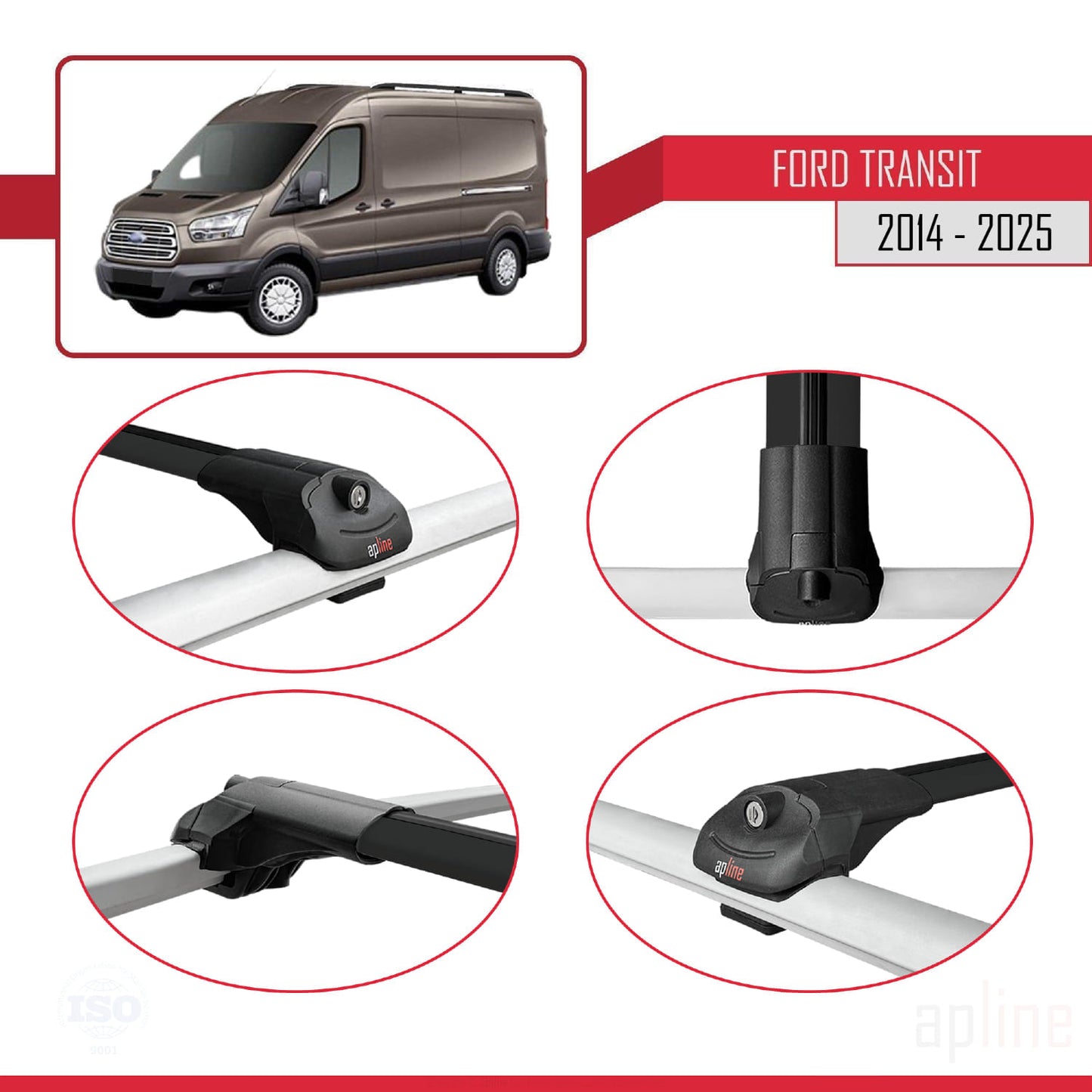 Compatible avec Ford Transit 2014-2025 ACE-1 Barres de Toit Railing Porte-Bagages de Voiture Noir Aluminium 4 Barres
