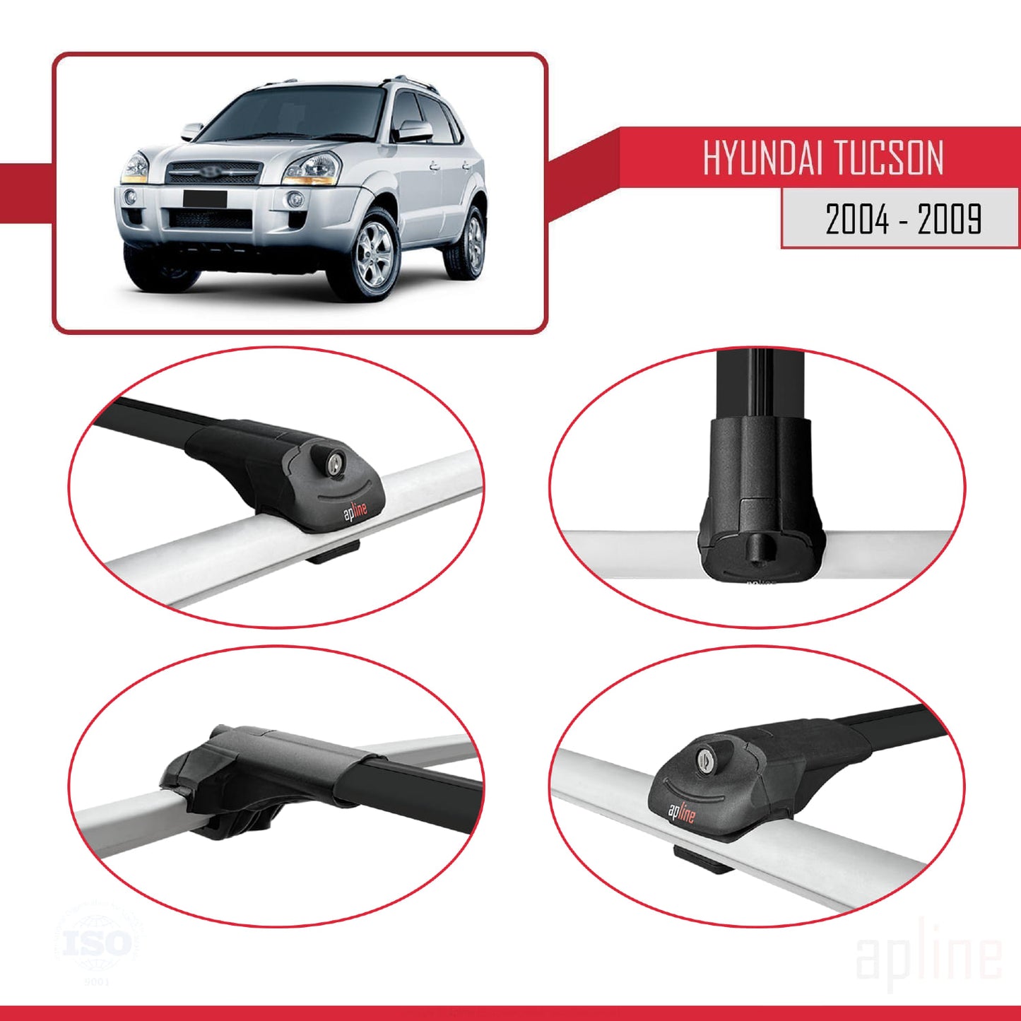 Compatible avec Hyundai Tucson (JM) 2004-2009 ACE-1 Barres de Toit Railing Porte-Bagages de Voiture Noir Aluminium 3 Barres