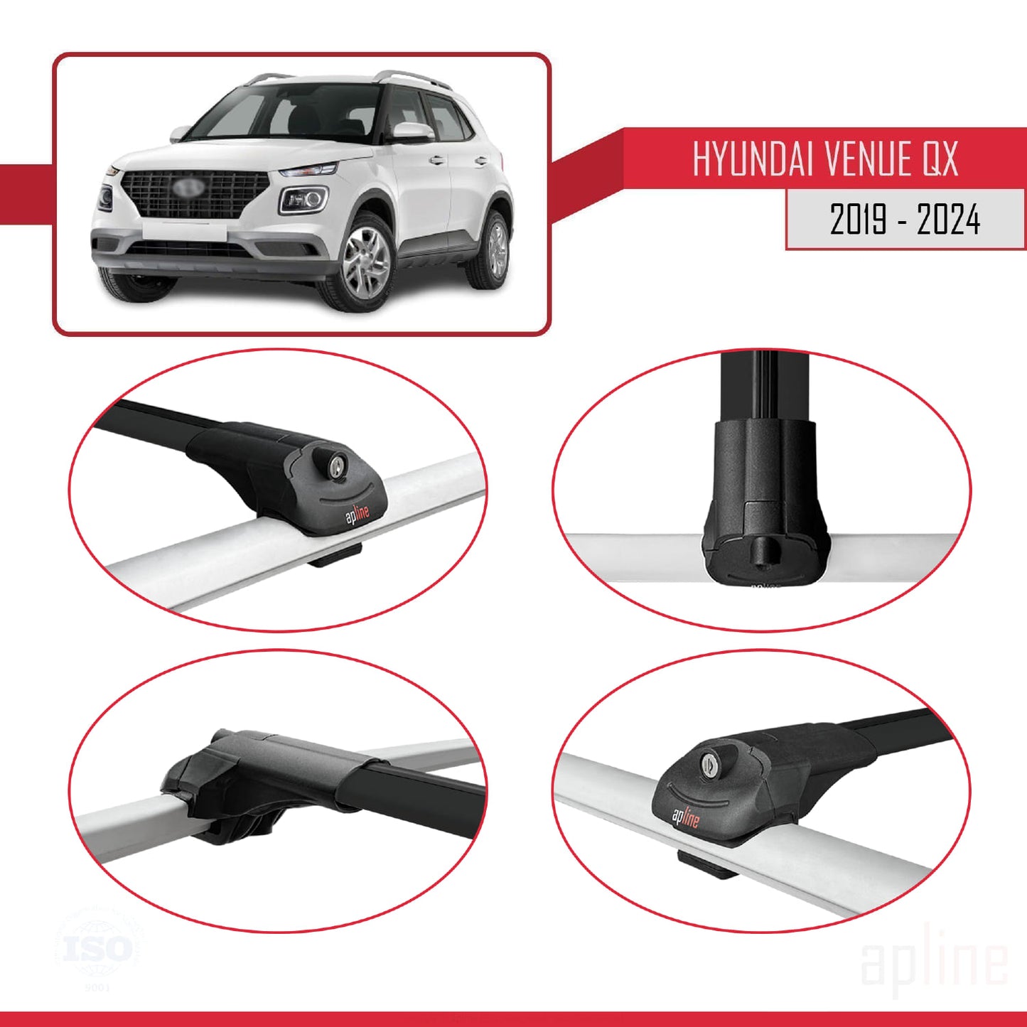 Compatible avec Hyundai Venue (QX) 2019-2024 ACE-1 Barres de Toit Railing Porte-Bagages de Voiture Noir Aluminium 3 Barres