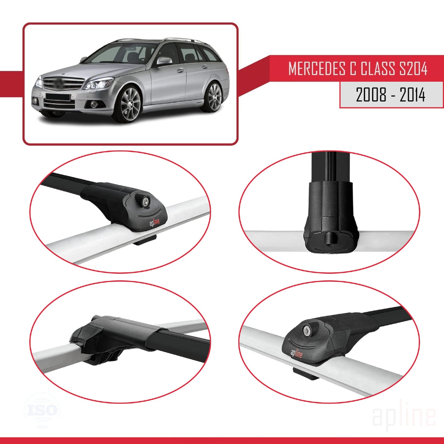 Compatible avec Mercedes Classe C 3 (S204) 2008-2014 ACE-1 Barres de Toit Railing Porte-Bagages de Voiture Noir Aluminium 3 Barres