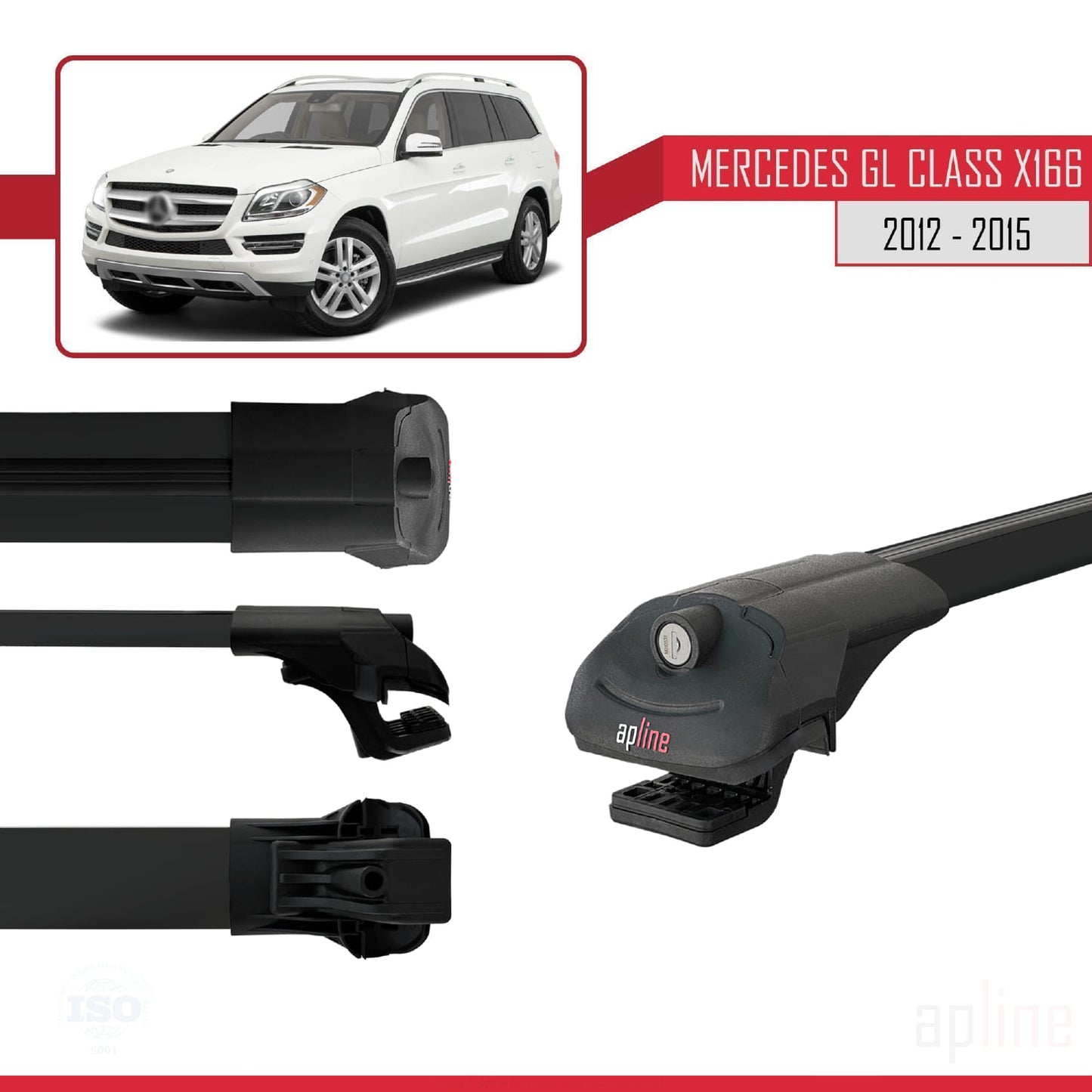 Compatible avec Mercedes Classe GL 2 (X166) Pre-Facelift 2013-2015 ACE-1 Barres de Toit Railing Porte-Bagages de Voiture Noir Aluminium 3 Barres