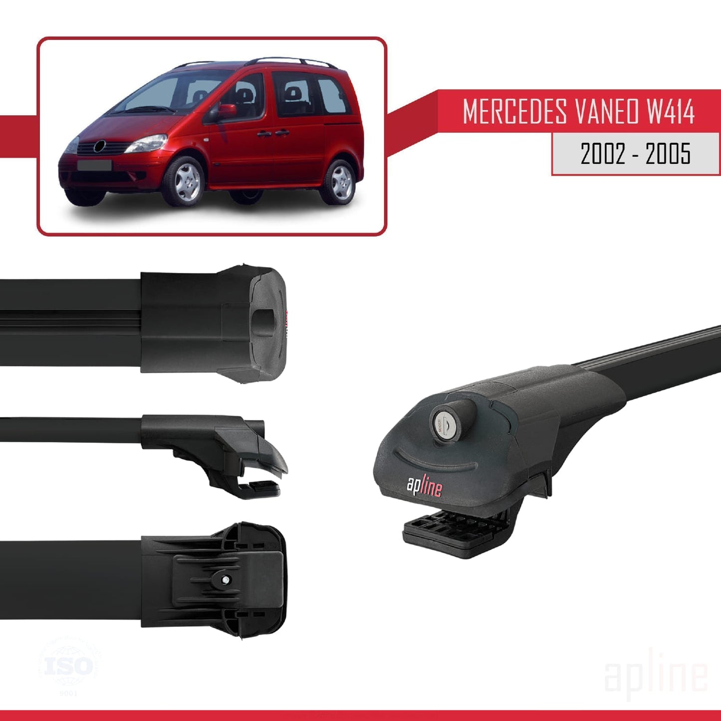 Compatible with Mercedes Vaneo (W414) 2002-2005 ACE-1 Car Roof Rack Cross Bar Black Aluminium 3 Bars