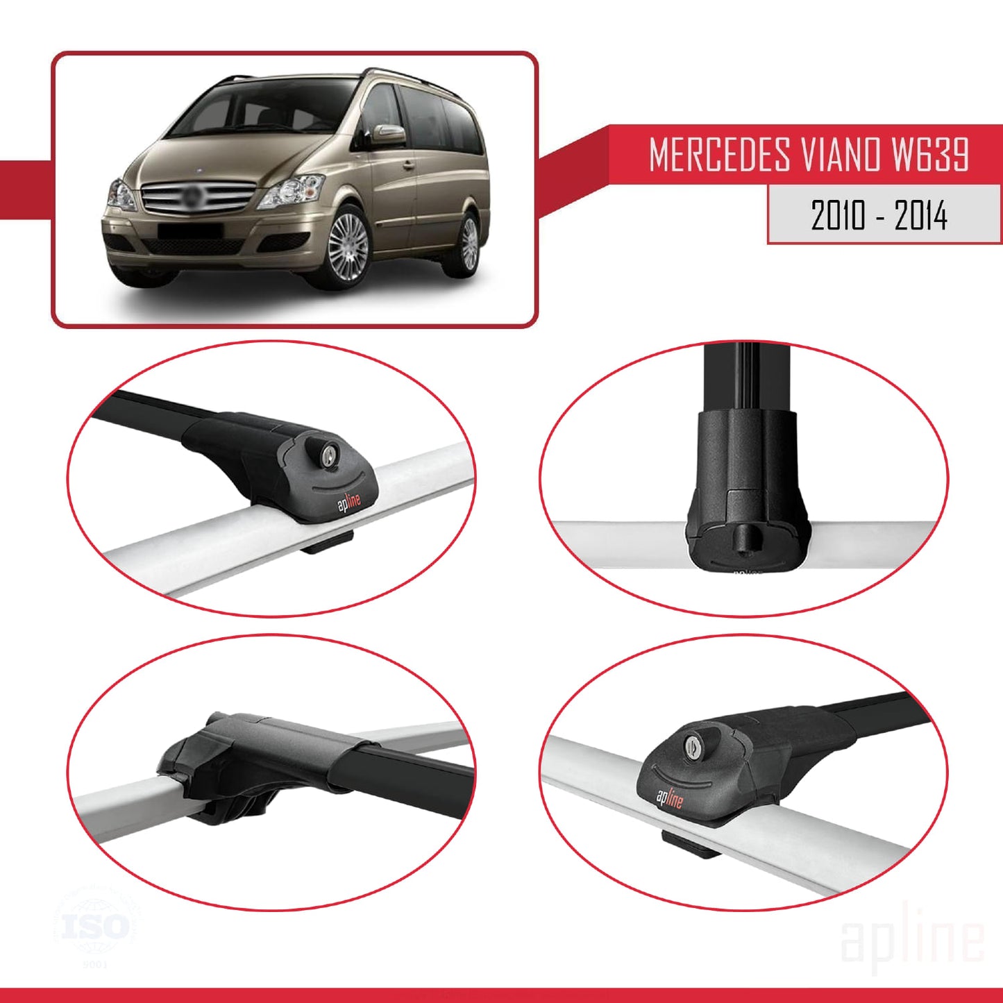 Compatible with Mercedes Viano 2 (W639) Post-Facelift 2010-2014 ACE-1 Car Roof Rack Cross Bar Black Aluminium 2 Bars