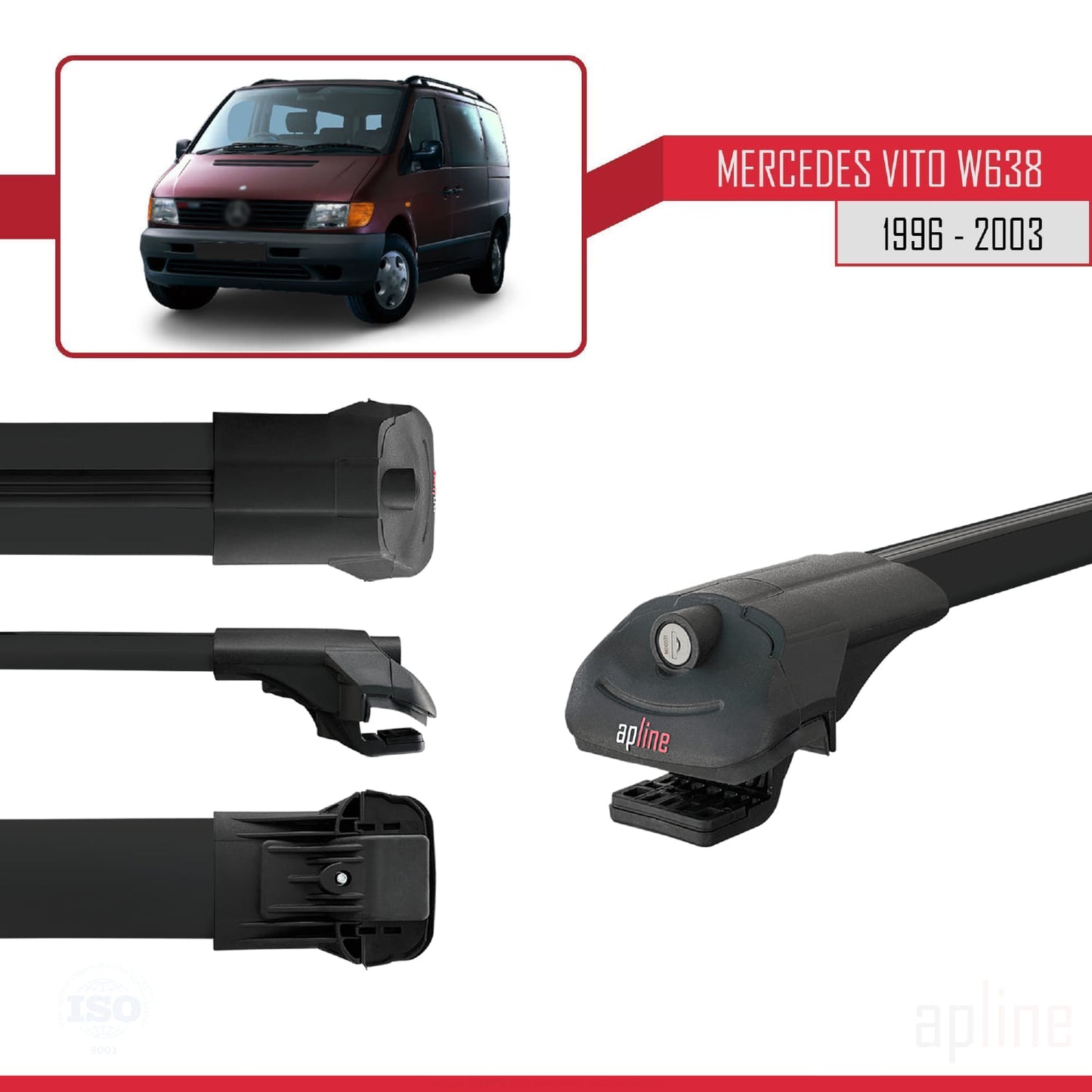 Compatible avec Mercedes Vito (W638) 1996-2003 ACE-1 Barres de Toit Railing Porte-Bagages de Voiture Noir Aluminium 2 Barres