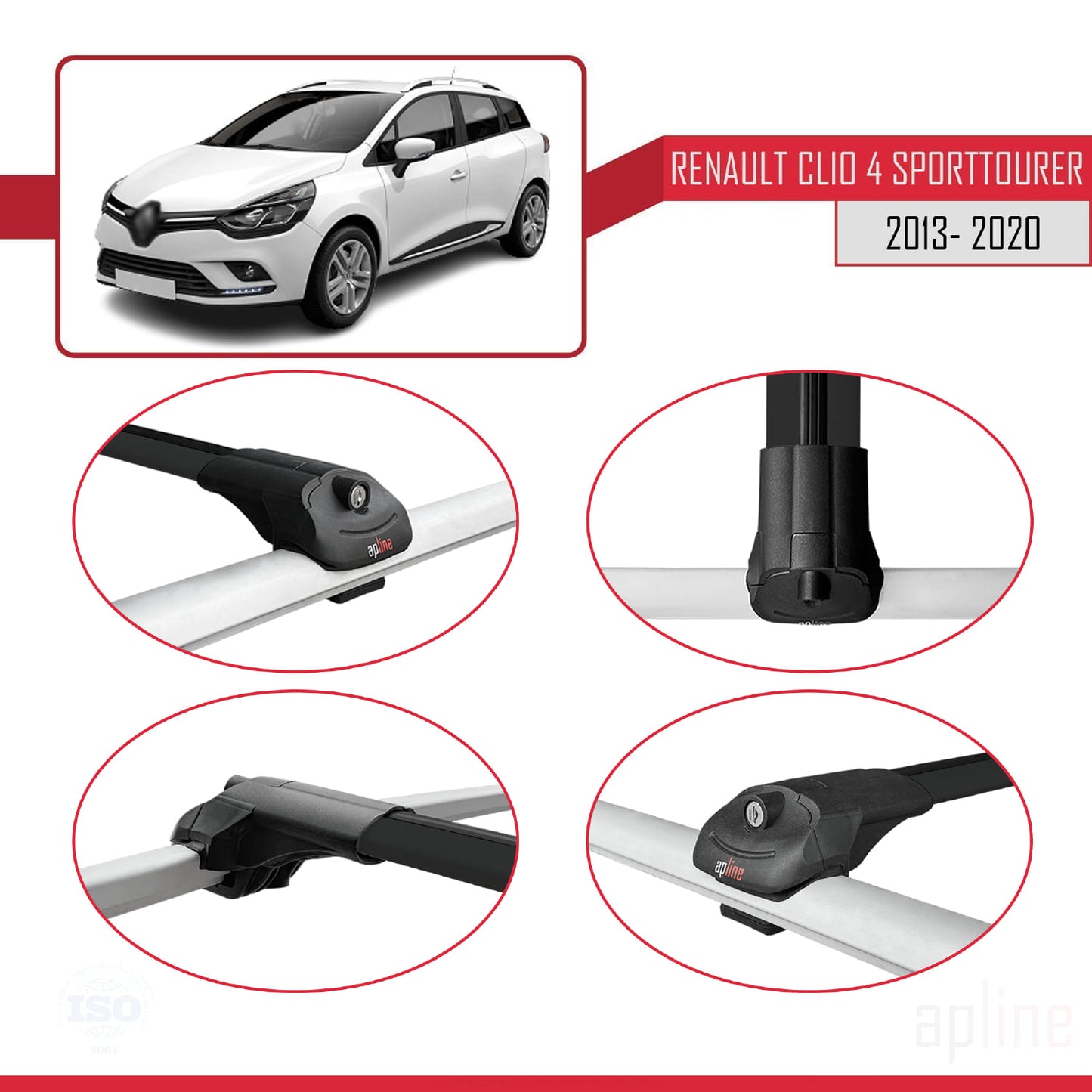 Compatible with Renault Clio 4 ST 2013-2020 ACE-1 Car Roof Rack Cross Bar Black Aluminium 2 Bars