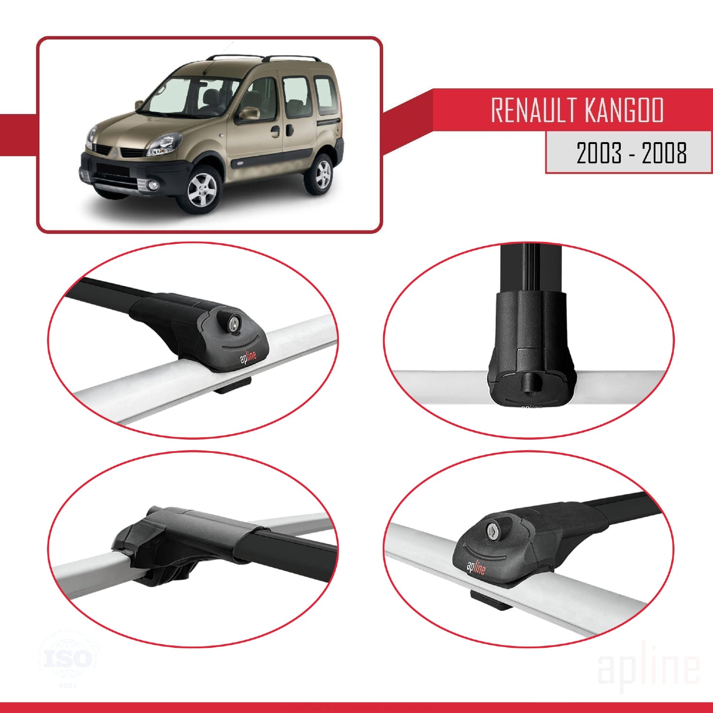Compatible avec Renault Kangoo (X76) Post-Facelift 2003-2008 ACE-1 Barres de Toit Railing Porte-Bagages de Voiture Noir Aluminium 2 Barres