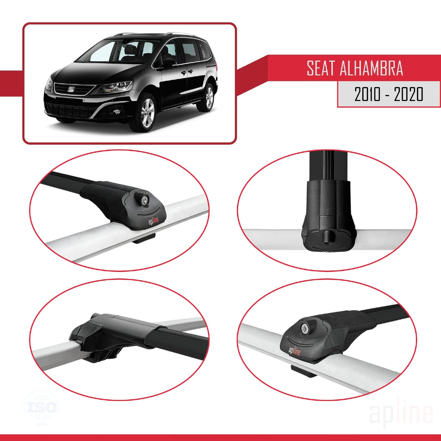 Compatible avec Seat Alhambra 2 (7N) 2010-2020 ACE-1 Barres de Toit Railing Porte-Bagages de Voiture Noir Aluminium 2 Barres