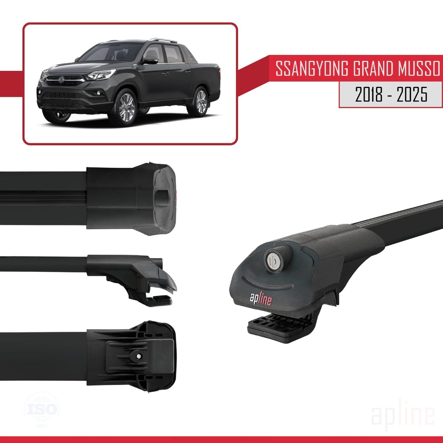 Compatible avec Ssangyong Grand Musso 2018-2025 ACE-1 Barres de Toit Railing Porte-Bagages de Voiture Noir Aluminium 2 Barres