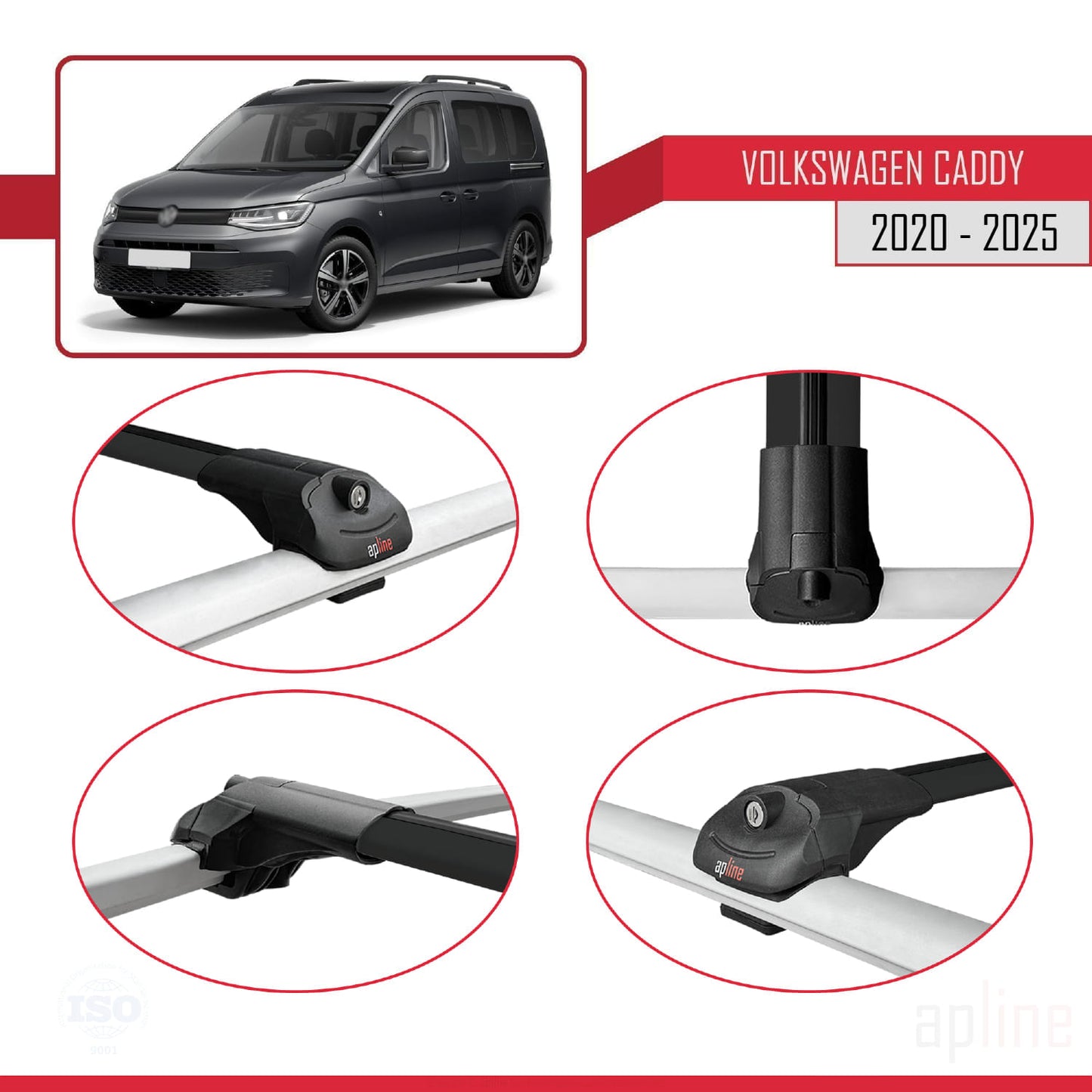 Compatible avec Volkswagen Caddy 4 (SB) 2020-2025 ACE-1 Barres de Toit Railing Porte-Bagages de Voiture Noir Aluminium 4 Barres