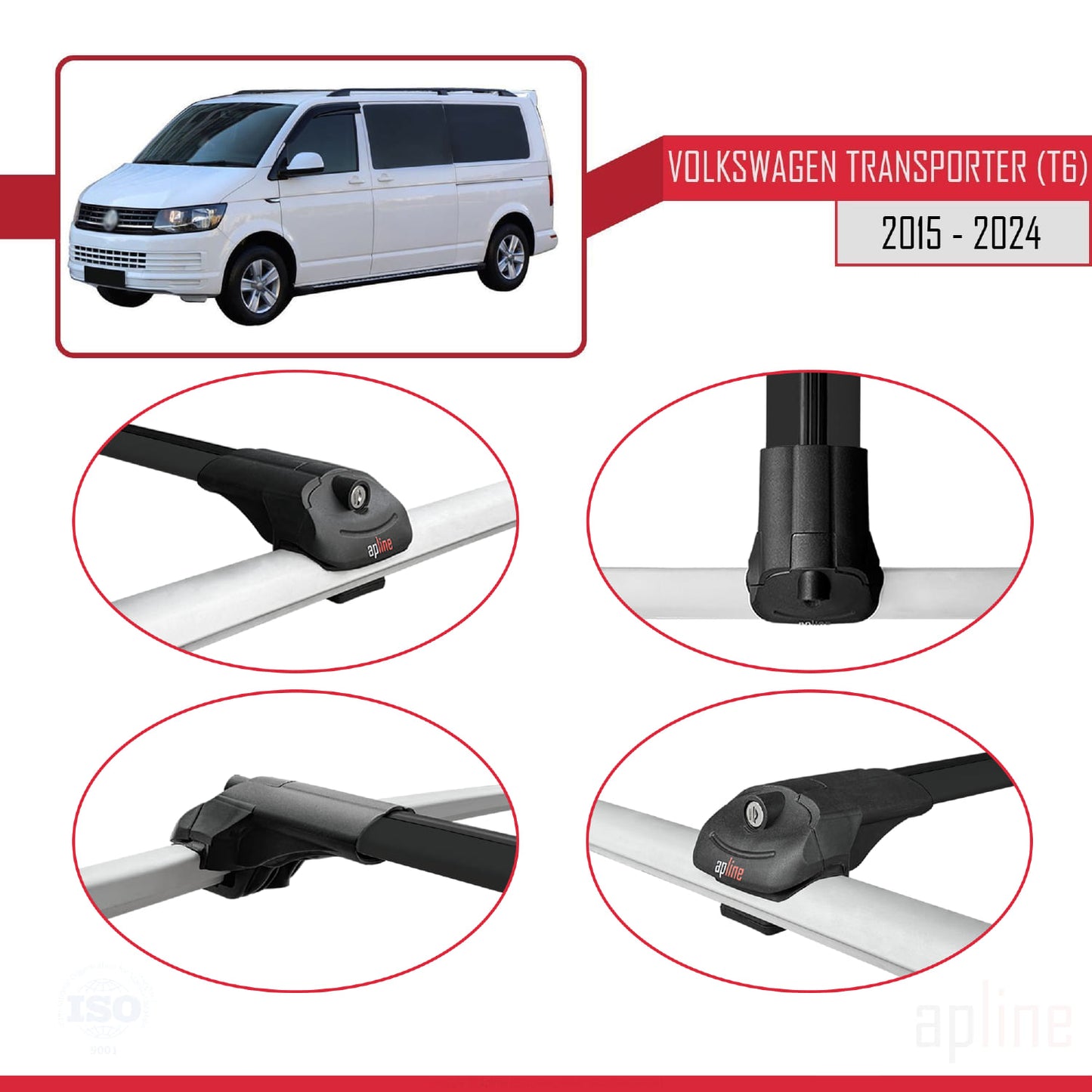 Compatible avec Volkswagen T6 Transporter 2015-2024 ACE-1 Barres de Toit Railing Porte-Bagages de Voiture Noir Aluminium 3 Barres