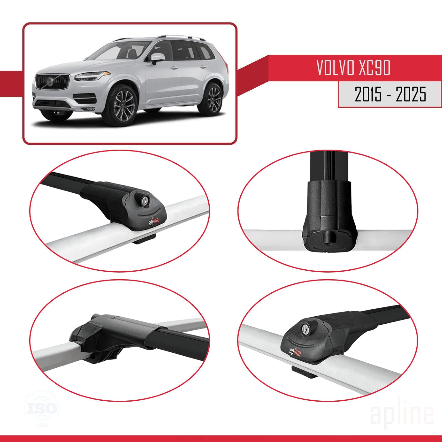 Compatible avec Volvo XC90 II 2015-2025 ACE-1 Barres de Toit Railing Porte-Bagages de Voiture Noir Aluminium 2 Barres