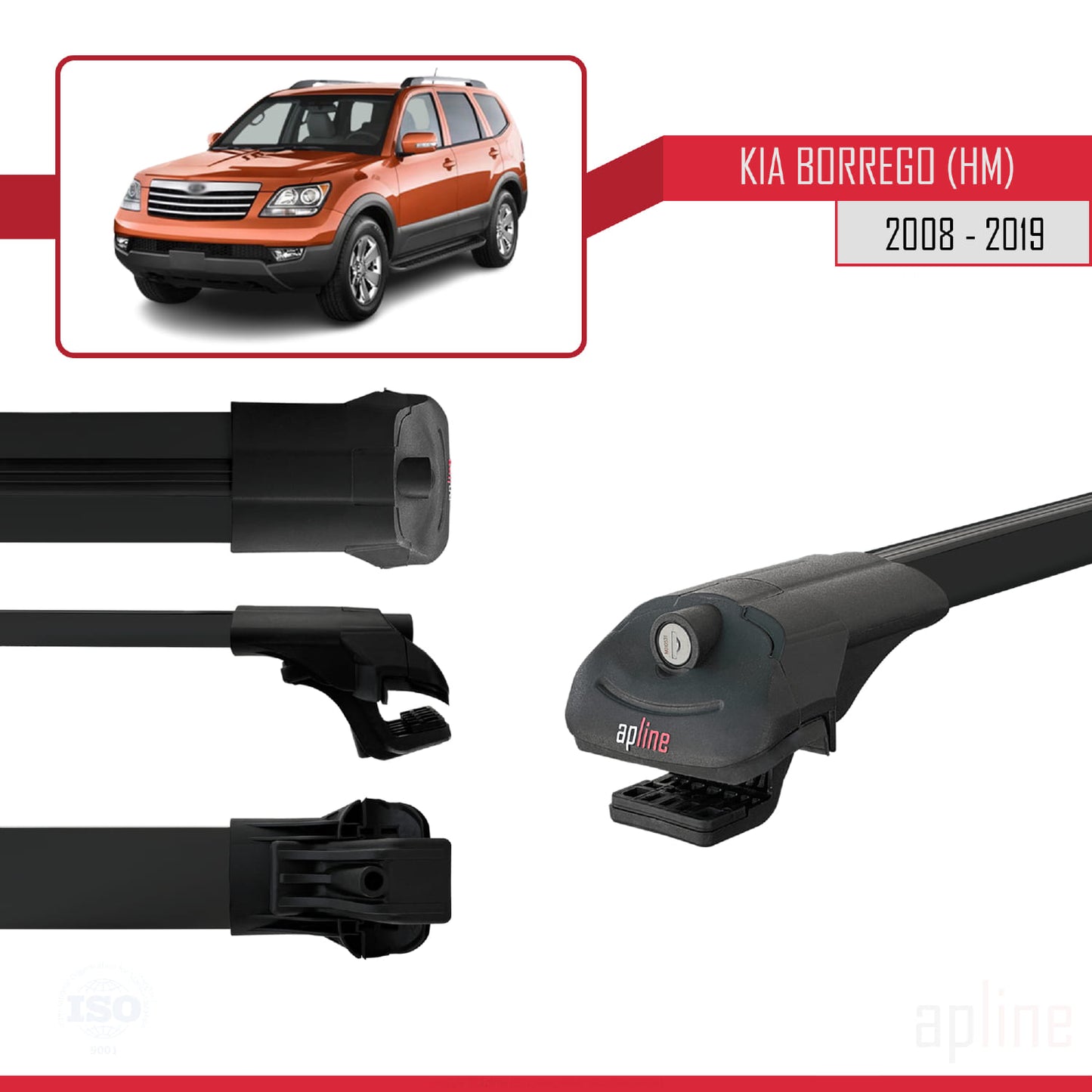Compatible avec Kia Borrego (HM) 2008-2019 ACE-1 Barres de Toit Railing Porte-Bagages de Voiture Noir Aluminium 2 Barres