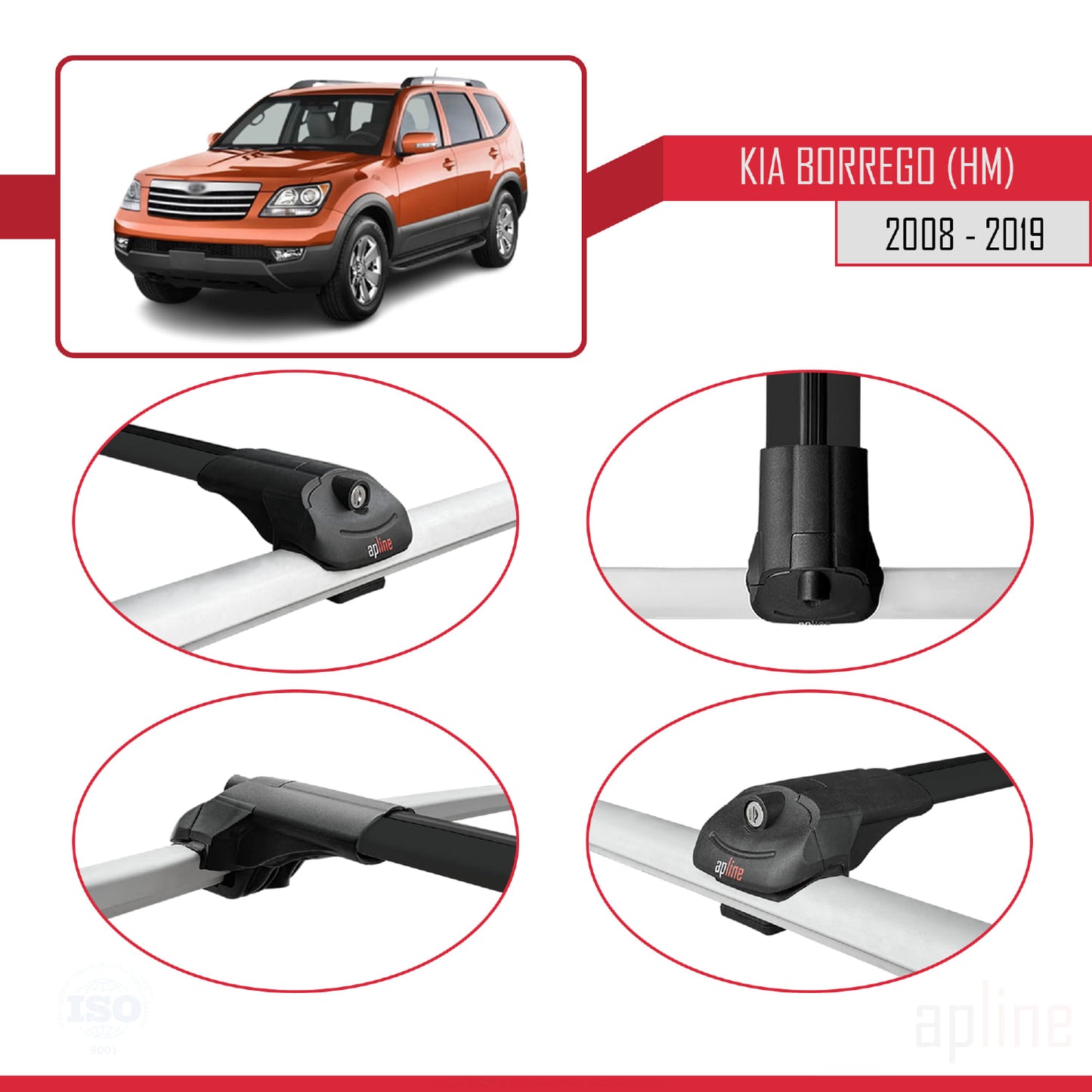 Compatible avec Kia Borrego (HM) 2008-2019 ACE-1 Barres de Toit Railing Porte-Bagages de Voiture Noir Aluminium 2 Barres