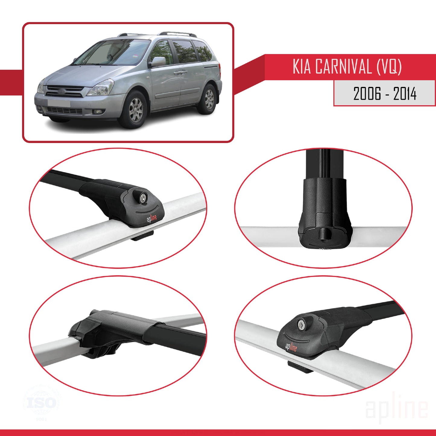 Compatible avec Kia Carnival 2 (VQ) 2006-2014 ACE-1 Barres de Toit Railing Porte-Bagages de Voiture Noir Aluminium 3 Barres