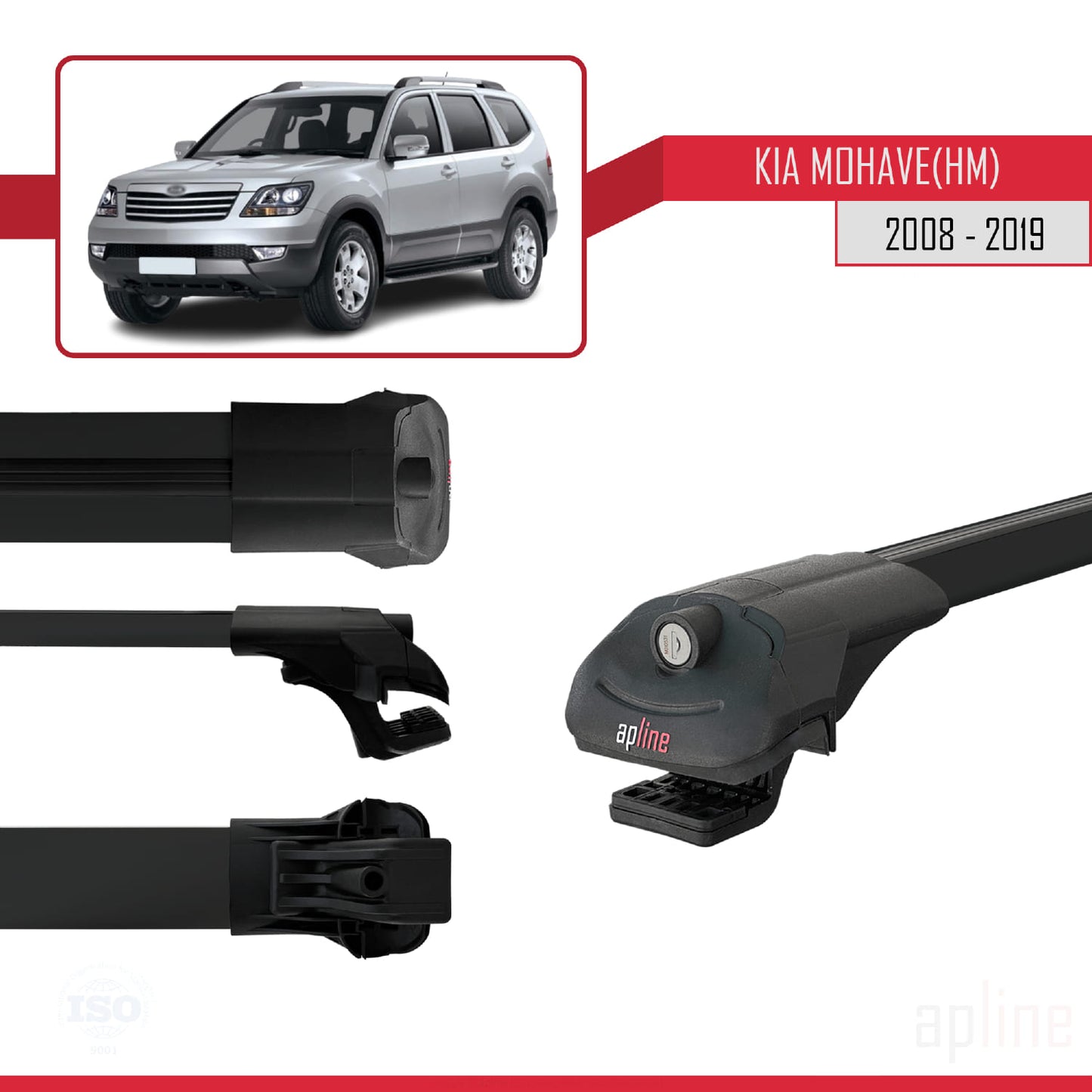 Compatible avec Kia Mohave (HM) 2008-2019 ACE-1 Barres de Toit Railing Porte-Bagages de Voiture Noir Aluminium 3 Barres