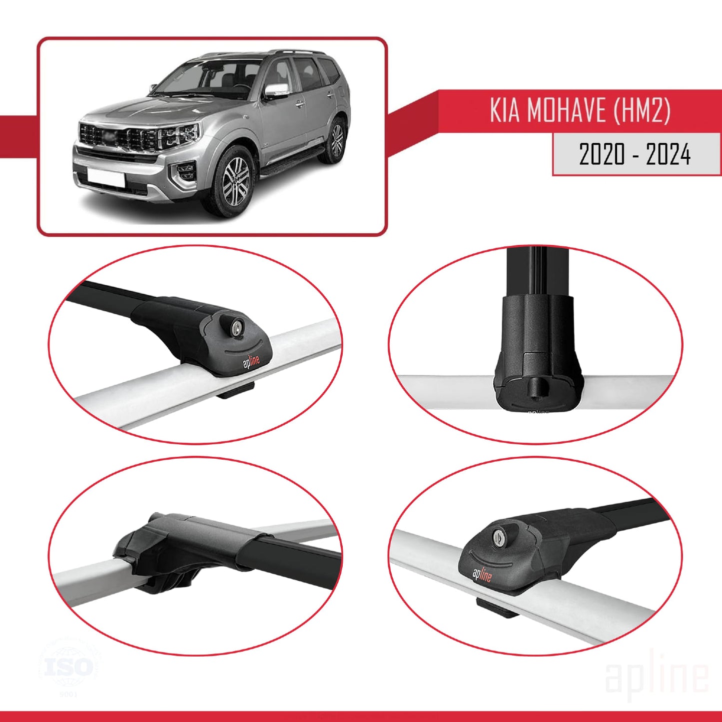 Compatible avec Kia Mohave 2 (HM2) 2020-2024 ACE-1 Barres de Toit Railing Porte-Bagages de Voiture Noir Aluminium 2 Barres