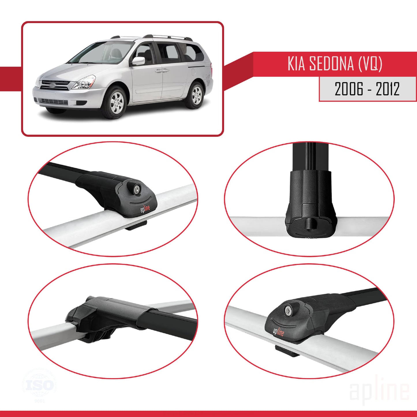 Compatible avec Kia Sedona 2 (VQ) 2006-2012 ACE-1 Barres de Toit Railing Porte-Bagages de Voiture Noir Aluminium 2 Barres