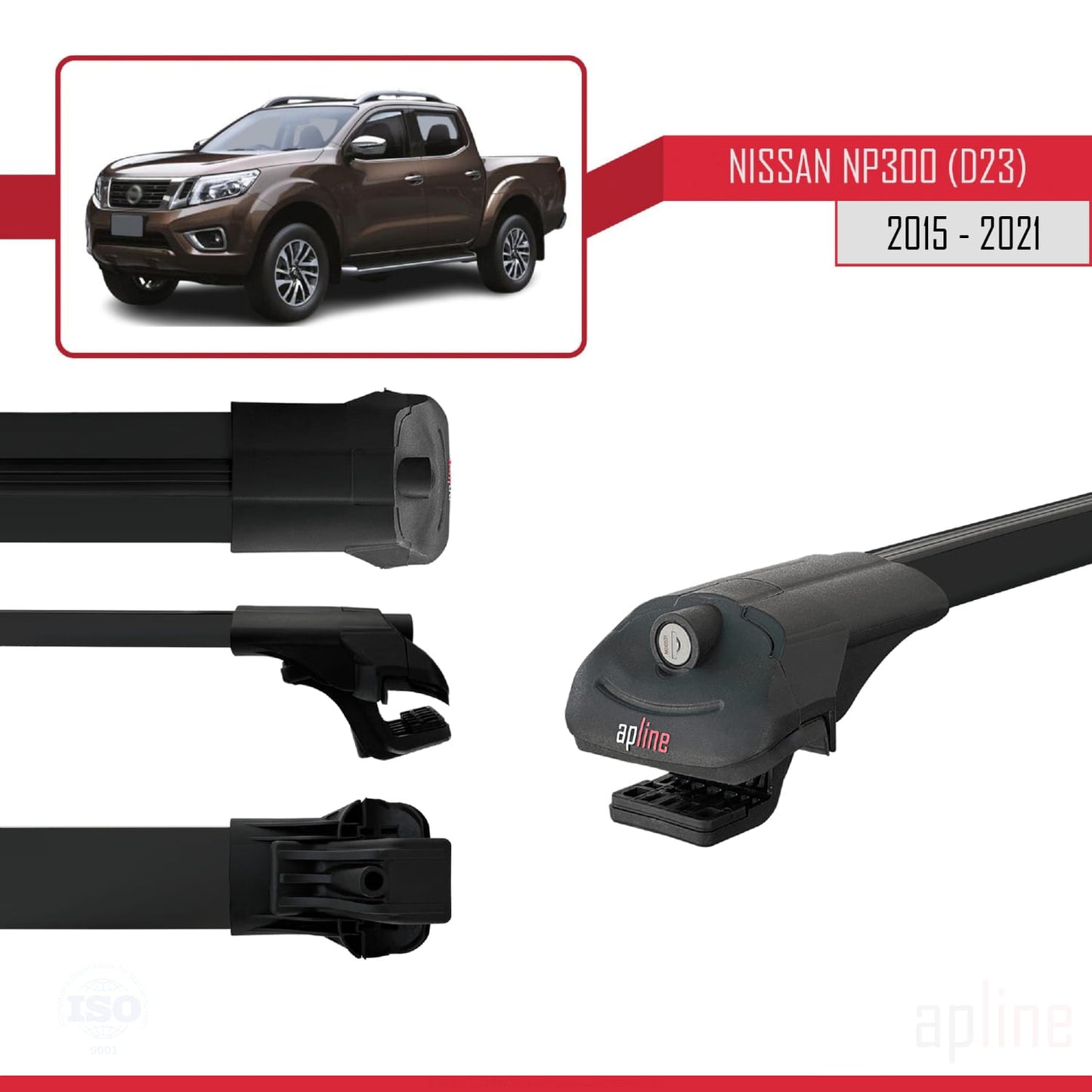 Compatible avec Nissan NP300 (D23) 2015-2021 ACE-1 Barres de Toit Railing Porte-Bagages de Voiture Noir Aluminium 3 Barres