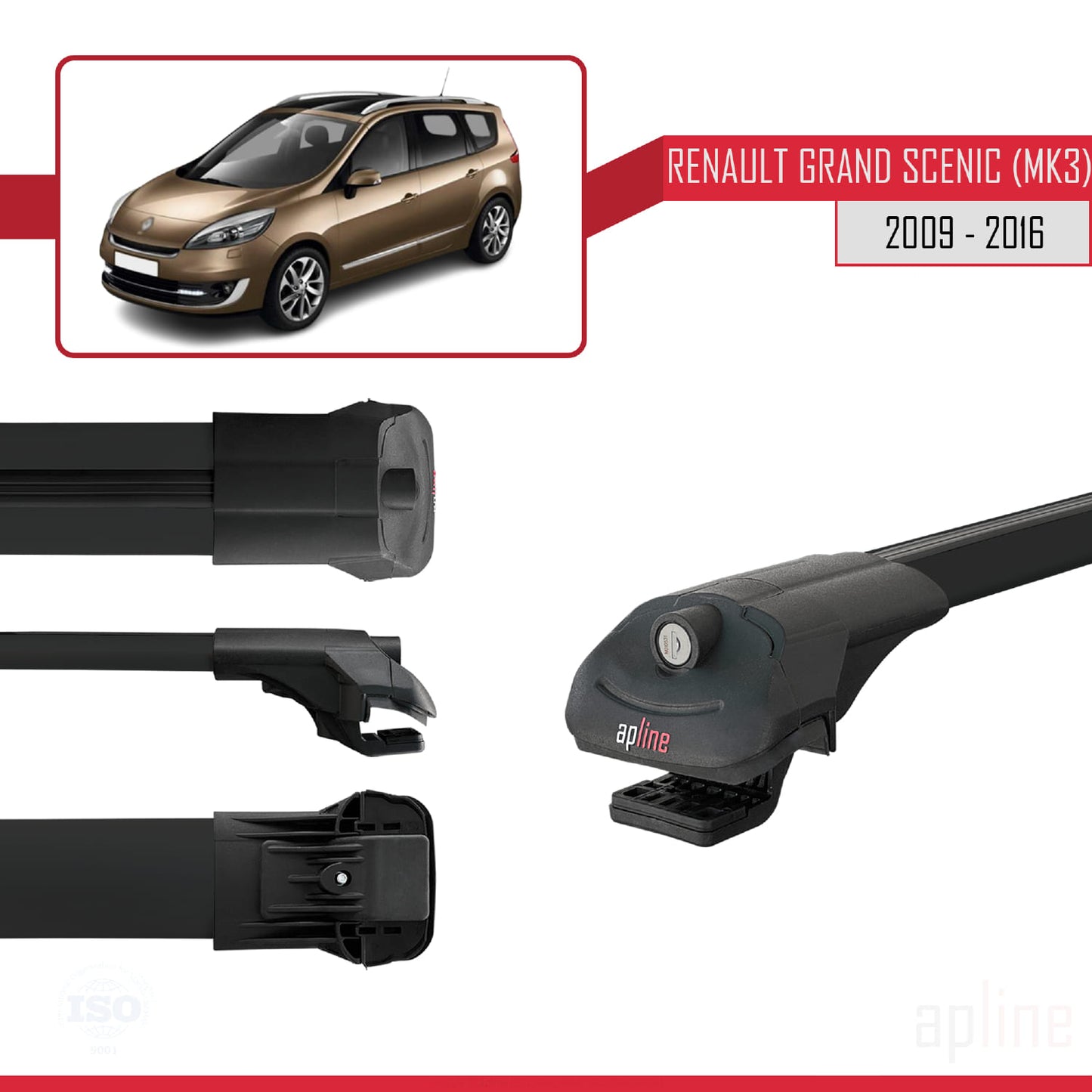 Compatible avec Renault Grand Scenic 3 2009-2016 ACE-1 Barres de Toit Railing Porte-Bagages de Voiture Noir Aluminium 3 Barres