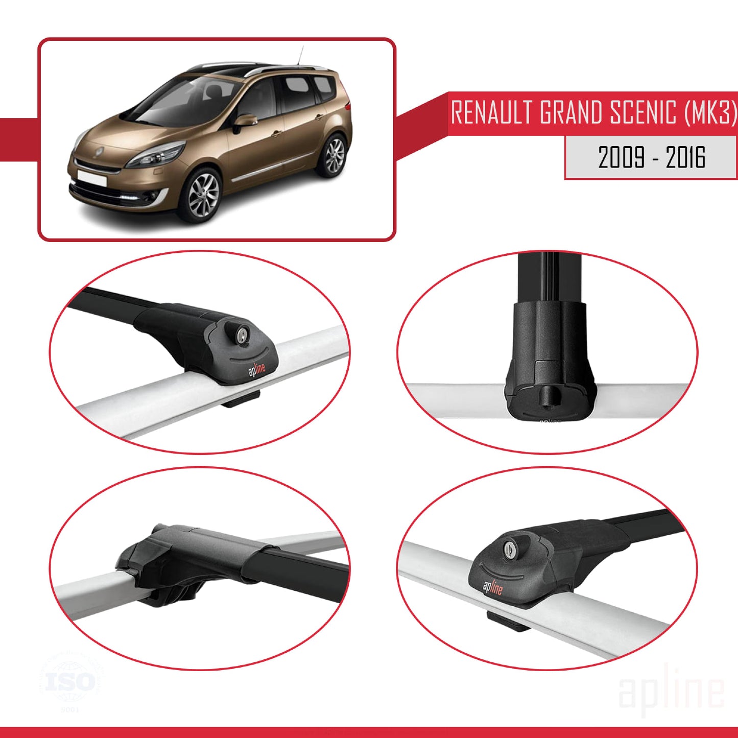 Compatible avec Renault Grand Scenic 3 2009-2016 ACE-1 Barres de Toit Railing Porte-Bagages de Voiture Noir Aluminium 3 Barres