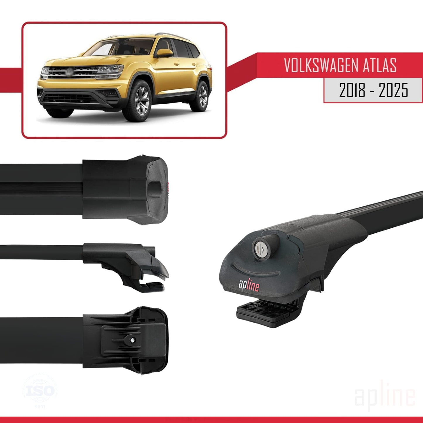 Compatible avec Volkswagen Atlas (CA1) 2018-2025 ACE-1 Barres de Toit Railing Porte-Bagages de Voiture Noir Aluminium 2 Barres