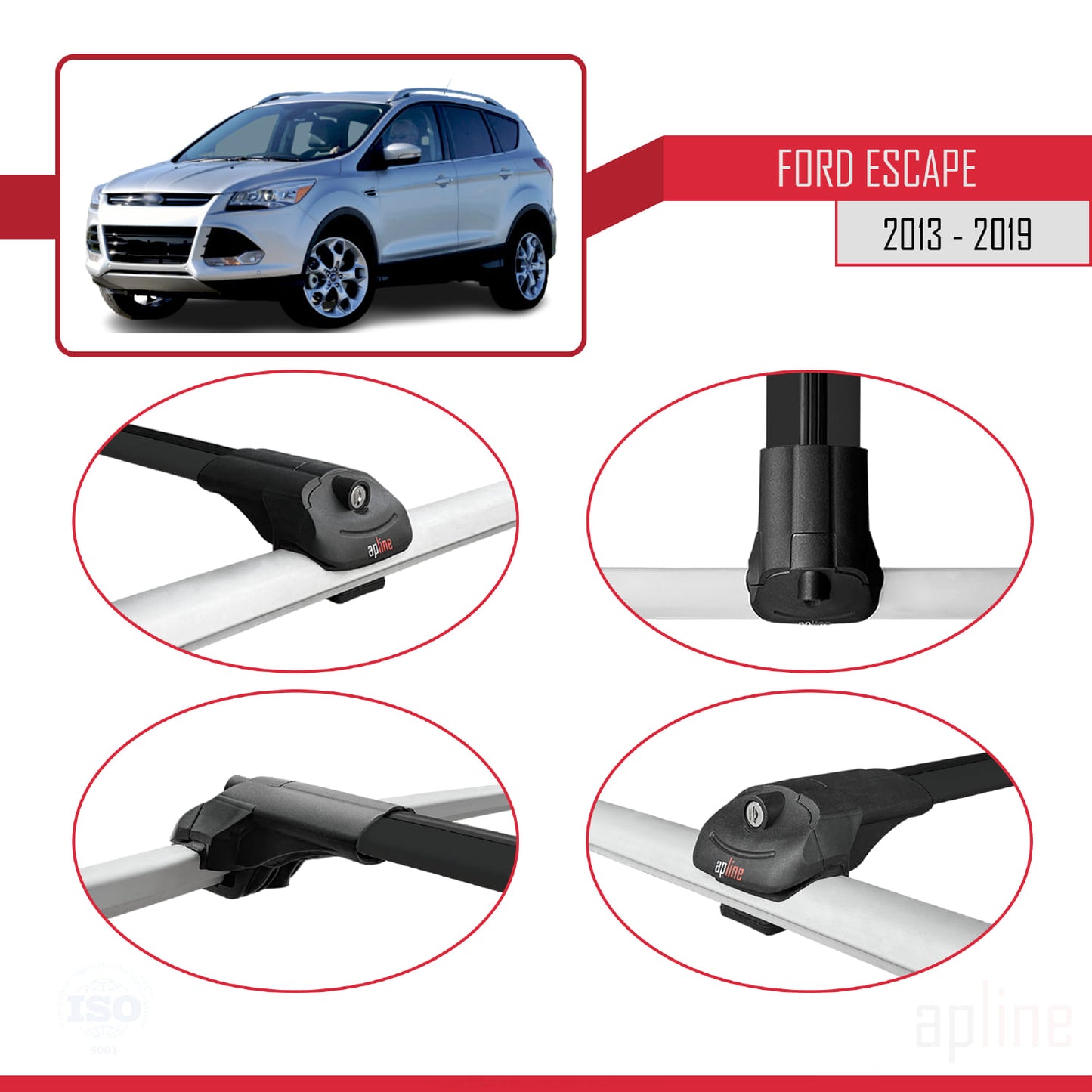 Compatible avec Ford Escape 3 2013-2019 ACE-1 Barres de Toit Railing Porte-Bagages de Voiture Noir Aluminium 3 Barres
