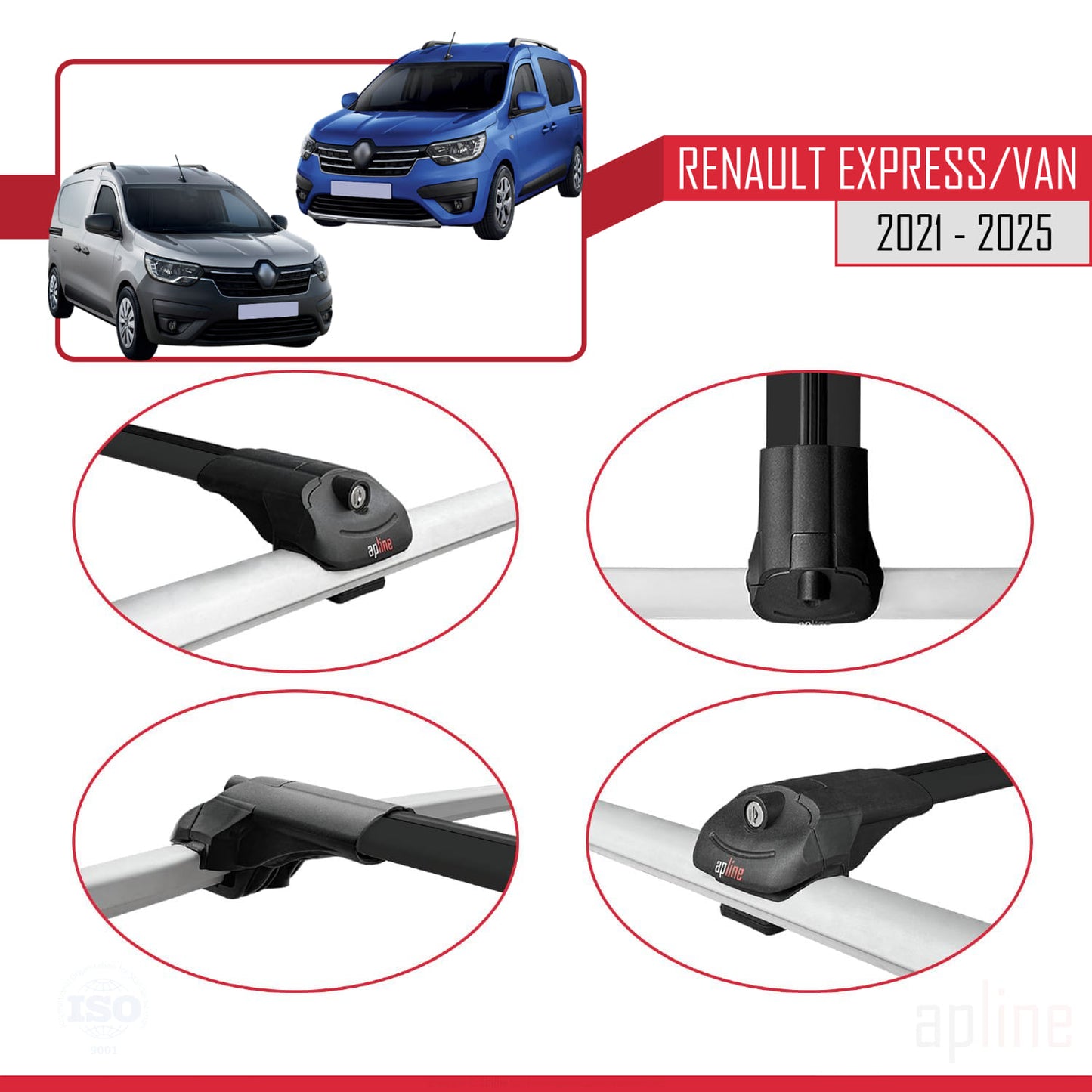 Compatible avec Renault Express 2021-2025 ACE-1 Barres de Toit Railing Porte-Bagages de Voiture Noir Aluminium 2 Barres