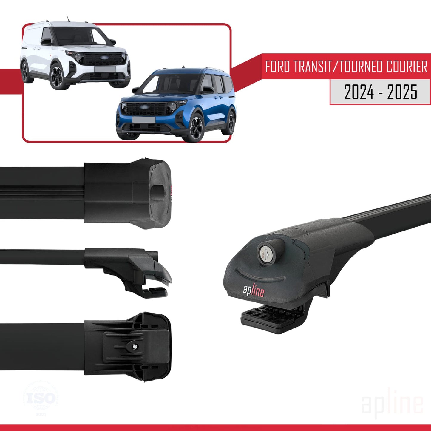 Compatible avec Ford Transit / Tourneo Courier 2024-2025 ACE-1 Barres de Toit Railing Porte-Bagages de Voiture Noir Aluminium 3 Barres