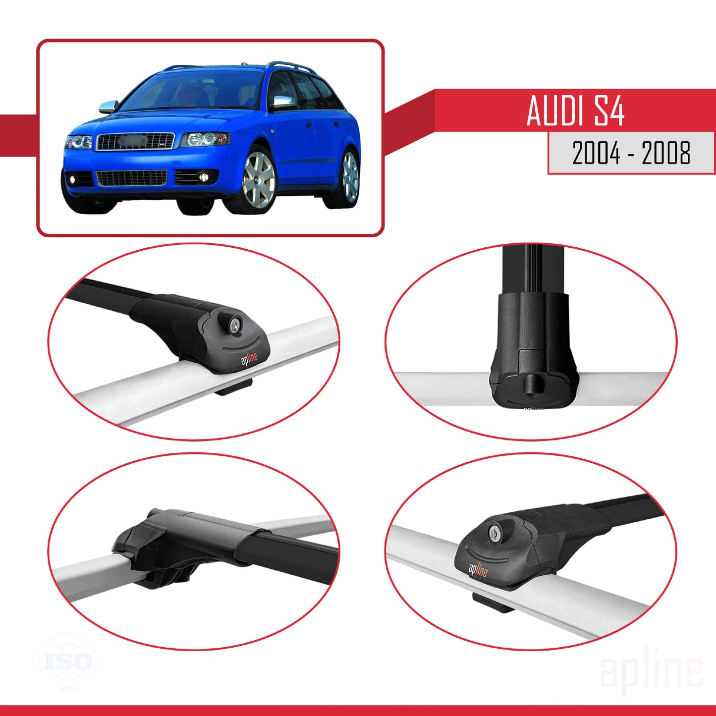 Compatibile con Audi S4 2004-2008 ACE-1 Barre portatutto per auto Portapacchi in alluminio nero 3 barre