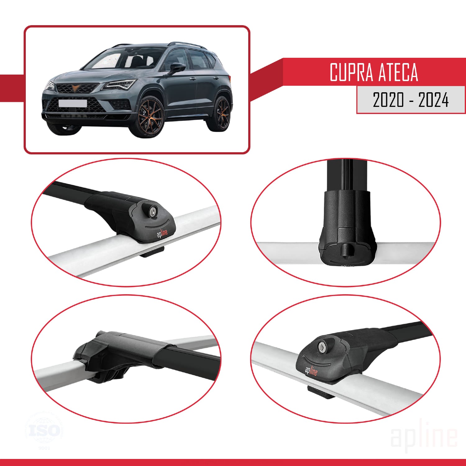 Compatible avec Cupra Ateca 2020-2024 ACE-1 Barres de Toit Railing Porte-Bagages de Voiture Noir Aluminium 2 Barres