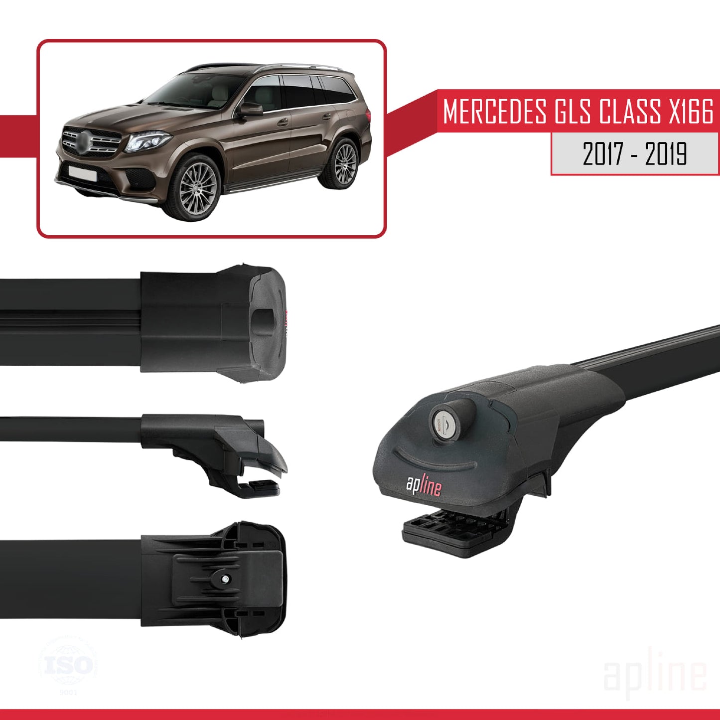Compatible avec Mercedes GLS Class X166 2017-2019 ACE-1 Barres de Toit Railing Porte-Bagages de Voiture Noir Aluminium 3 Barres