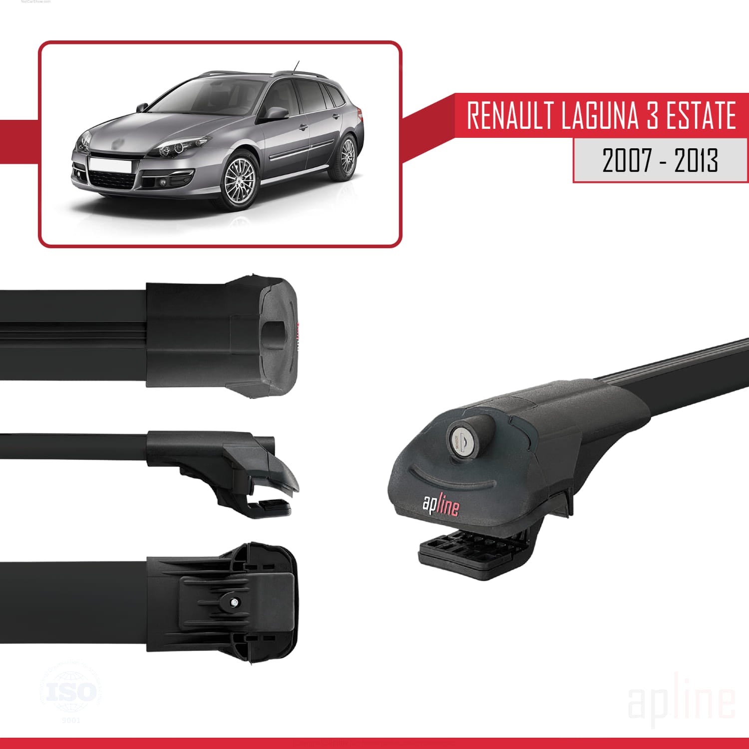 Compatible avec Renault Laguna 3 Estate 2007-2013 ACE-1 Barres de Toit Railing Porte-Bagages de Voiture Noir Aluminium 3 Barres