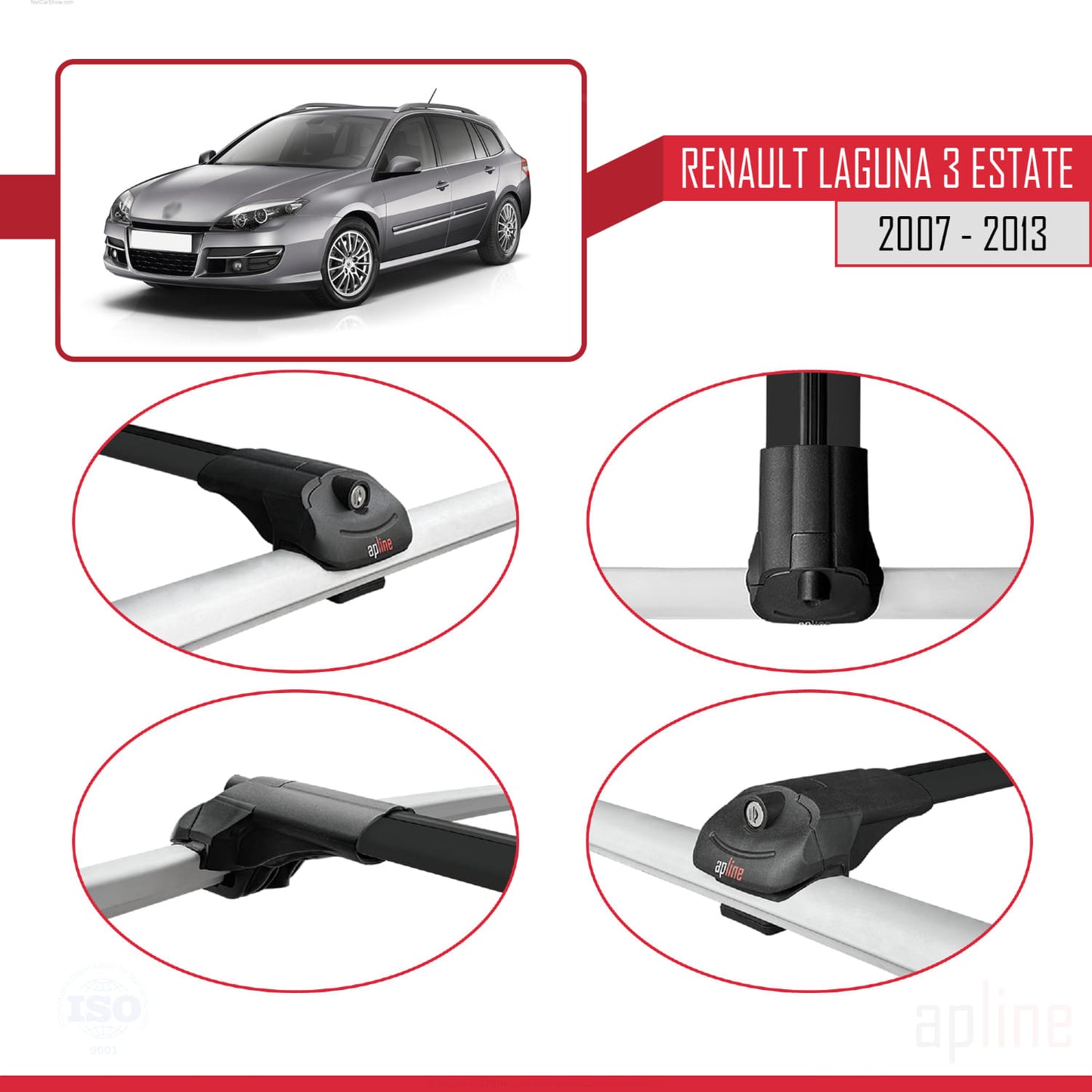 Compatible avec Renault Laguna 3 Estate 2007-2013 ACE-1 Barres de Toit Railing Porte-Bagages de Voiture Noir Aluminium 3 Barres