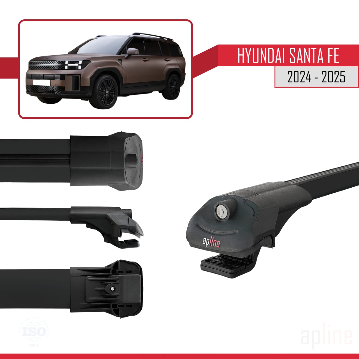Compatible avec Hyundai Santa Fe 2024-2025 ACE-1 Barres de Toit Railing Porte-Bagages de Voiture Noir Aluminium 3 Barres