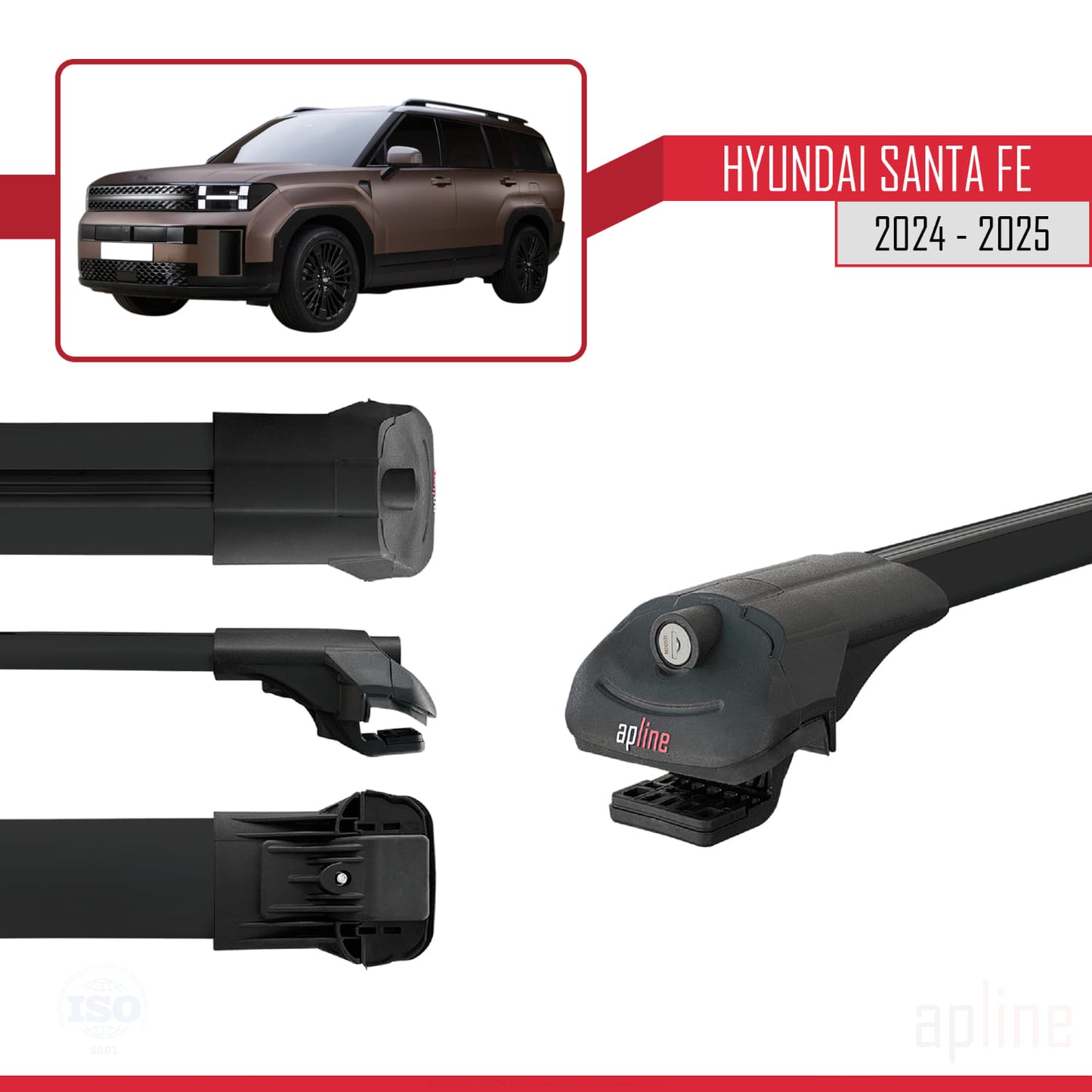 Compatible avec Hyundai Santa Fe 2024-2025 ACE-1 Barres de Toit Railing Porte-Bagages de Voiture Noir Aluminium 2 Barres