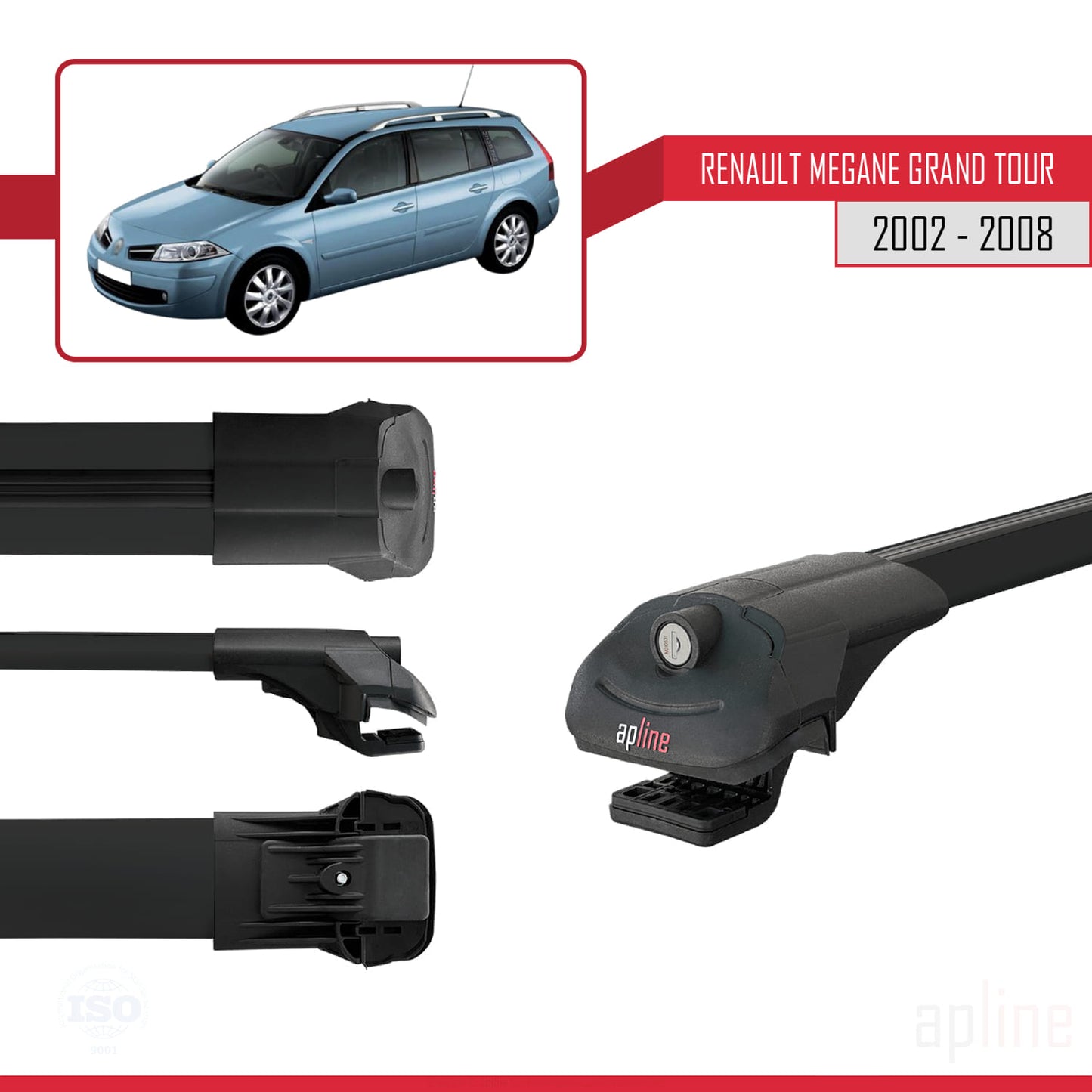 Compatible avec Renault Megane Grand Tour 2002-2008 ACE-1 Barres de Toit Railing Porte-Bagages de Voiture Noir Aluminium 2 Barres